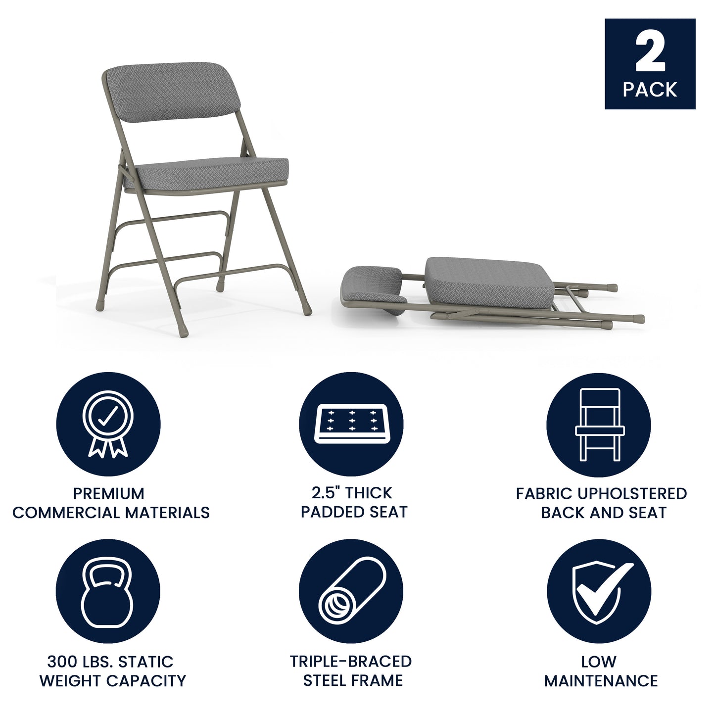 2 Pack HERCULES Series Premium Curved Triple Braced & Double Hinged Gray Fabric Metal Folding Chair Gray Fabric/Gray Frame