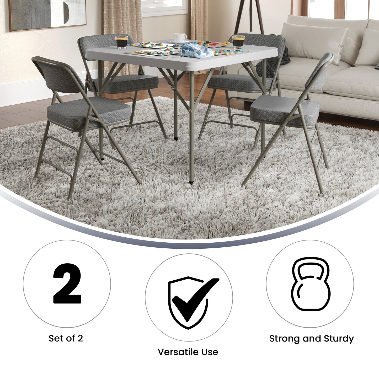 2 Pack HERCULES Series Premium Curved Triple Braced & Double Hinged Gray Fabric Metal Folding Chair Gray Fabric/Gray Frame