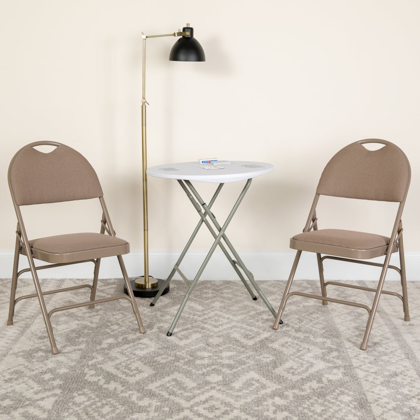 2 Pack HERCULES Series Ultra-Premium Triple Braced Beige Fabric Metal Folding Chair with Easy-Carry Handle Beige Fabric/Beige Frame