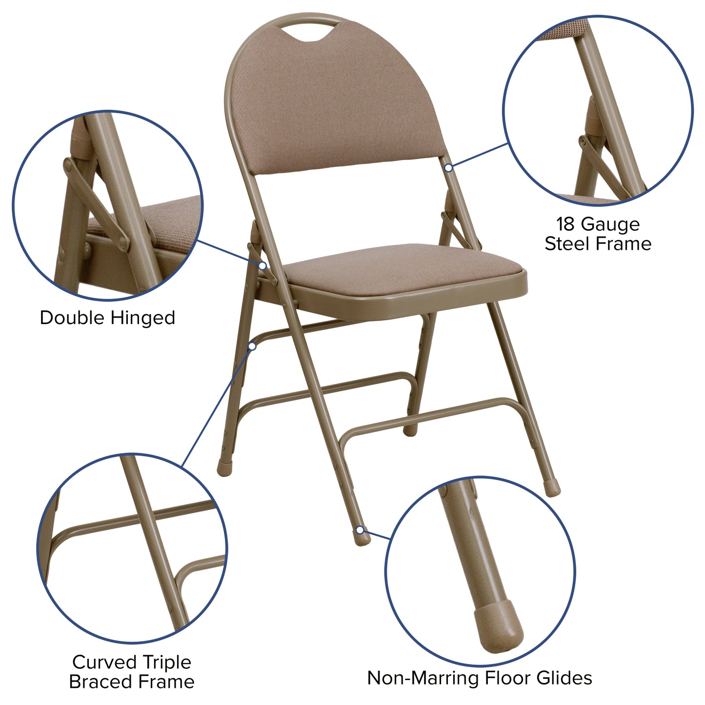 2 Pack HERCULES Series Ultra-Premium Triple Braced Beige Fabric Metal Folding Chair with Easy-Carry Handle Beige Fabric/Beige Frame