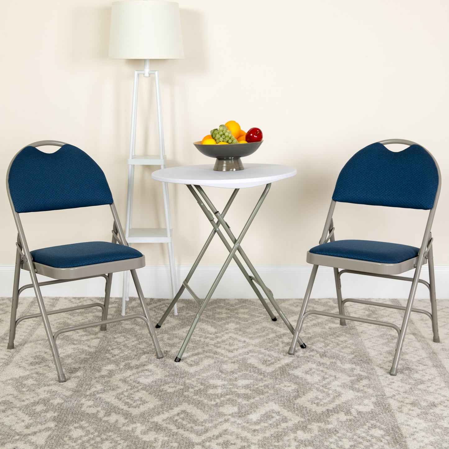2 Pack HERCULES Series Ultra-Premium Triple Braced Navy Fabric Metal Folding Chair with Easy-Carry Handle Navy Fabric/Gray Frame