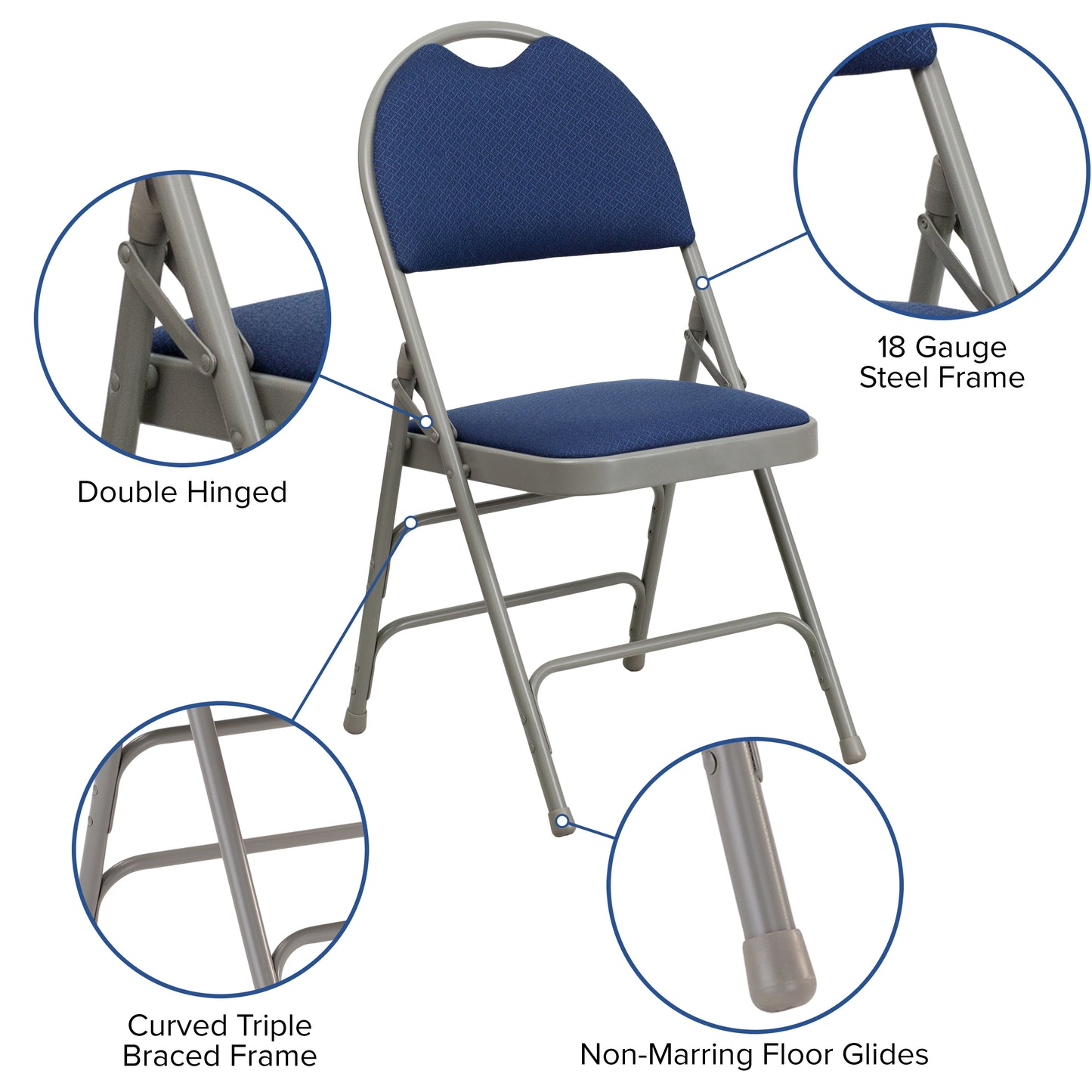 2 Pack HERCULES Series Ultra-Premium Triple Braced Navy Fabric Metal Folding Chair with Easy-Carry Handle Navy Fabric/Gray Frame