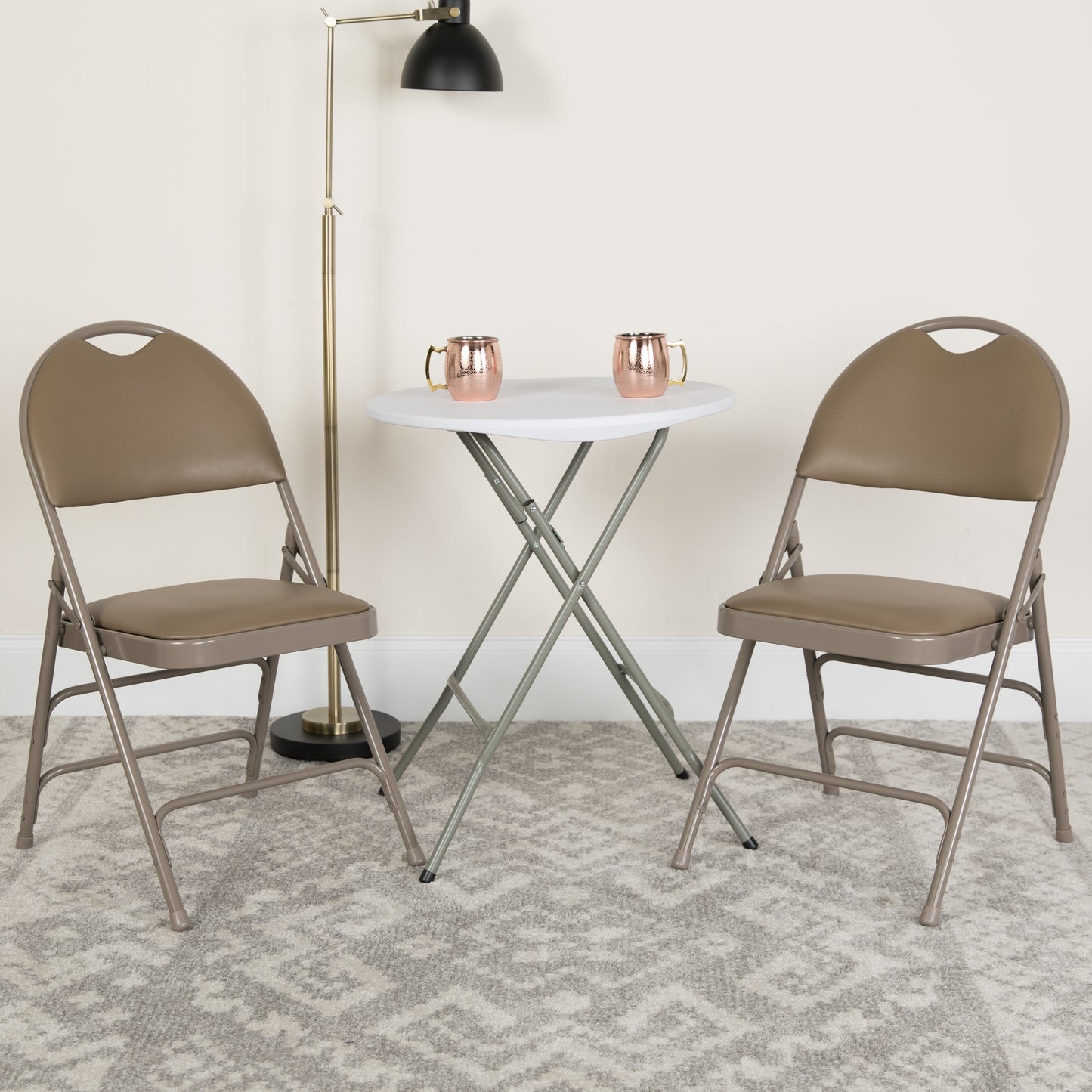 2 Pack HERCULES Series Ultra-Premium Triple Braced Beige Vinyl Metal Folding Chair with Easy-Carry Handle Beige Vinyl/Beige Frame