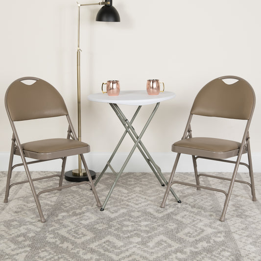 2 Pack HERCULES Series Ultra-Premium Triple Braced Beige Vinyl Metal Folding Chair with Easy-Carry Handle Beige Vinyl/Beige Frame 2-HA-MC705AV-3-BGE-GG