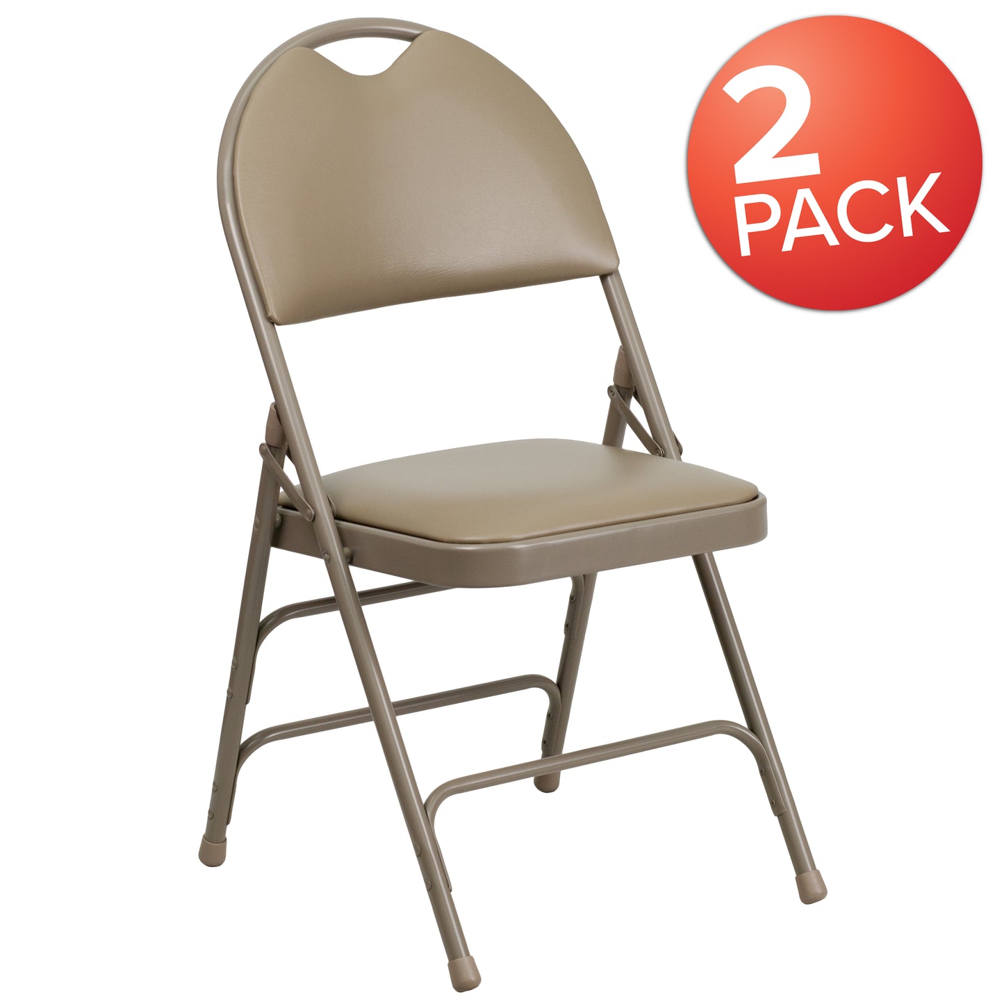 2 Pack HERCULES Series Ultra-Premium Triple Braced Beige Vinyl Metal Folding Chair with Easy-Carry Handle Beige Vinyl/Beige Frame