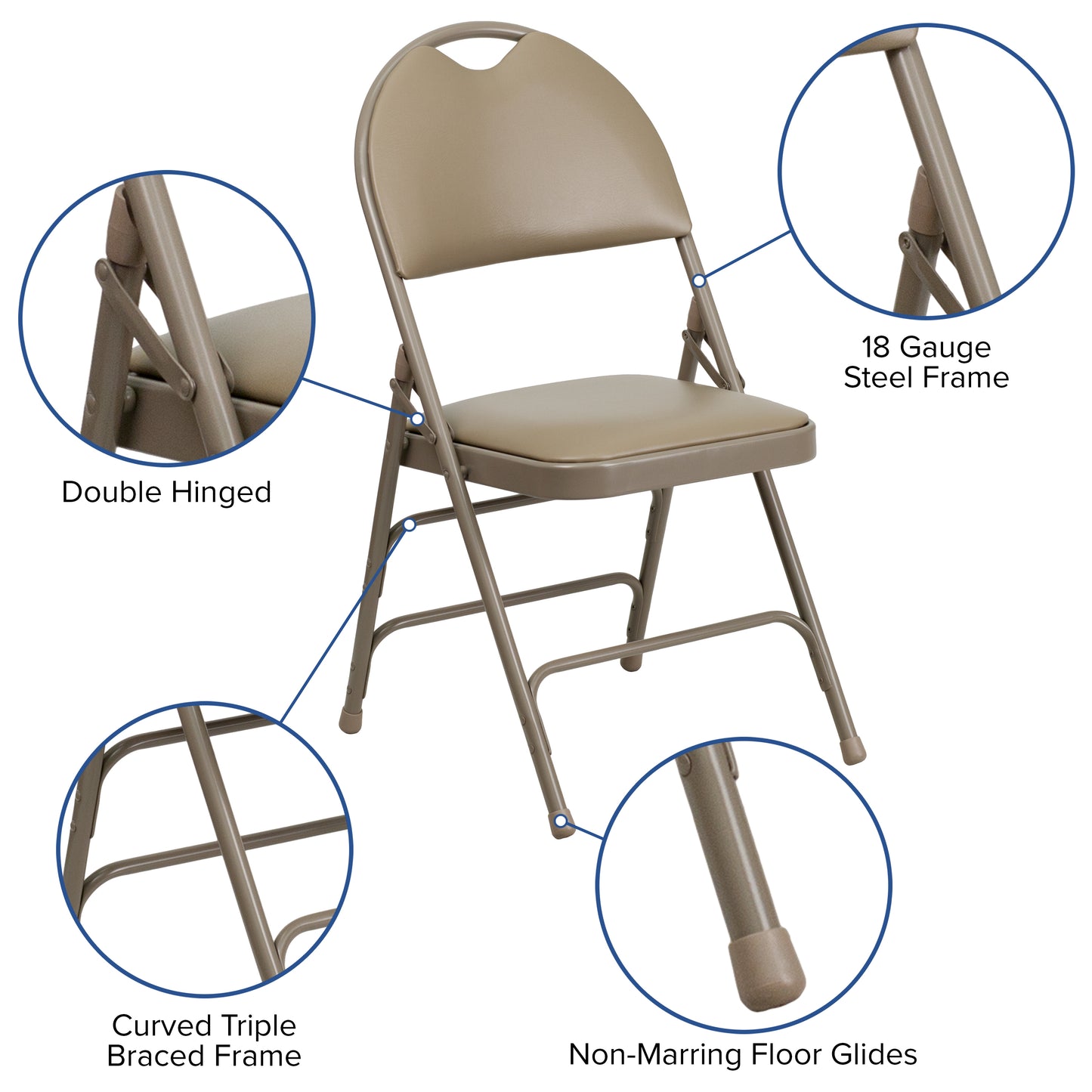 2 Pack HERCULES Series Ultra-Premium Triple Braced Beige Vinyl Metal Folding Chair with Easy-Carry Handle Beige Vinyl/Beige Frame