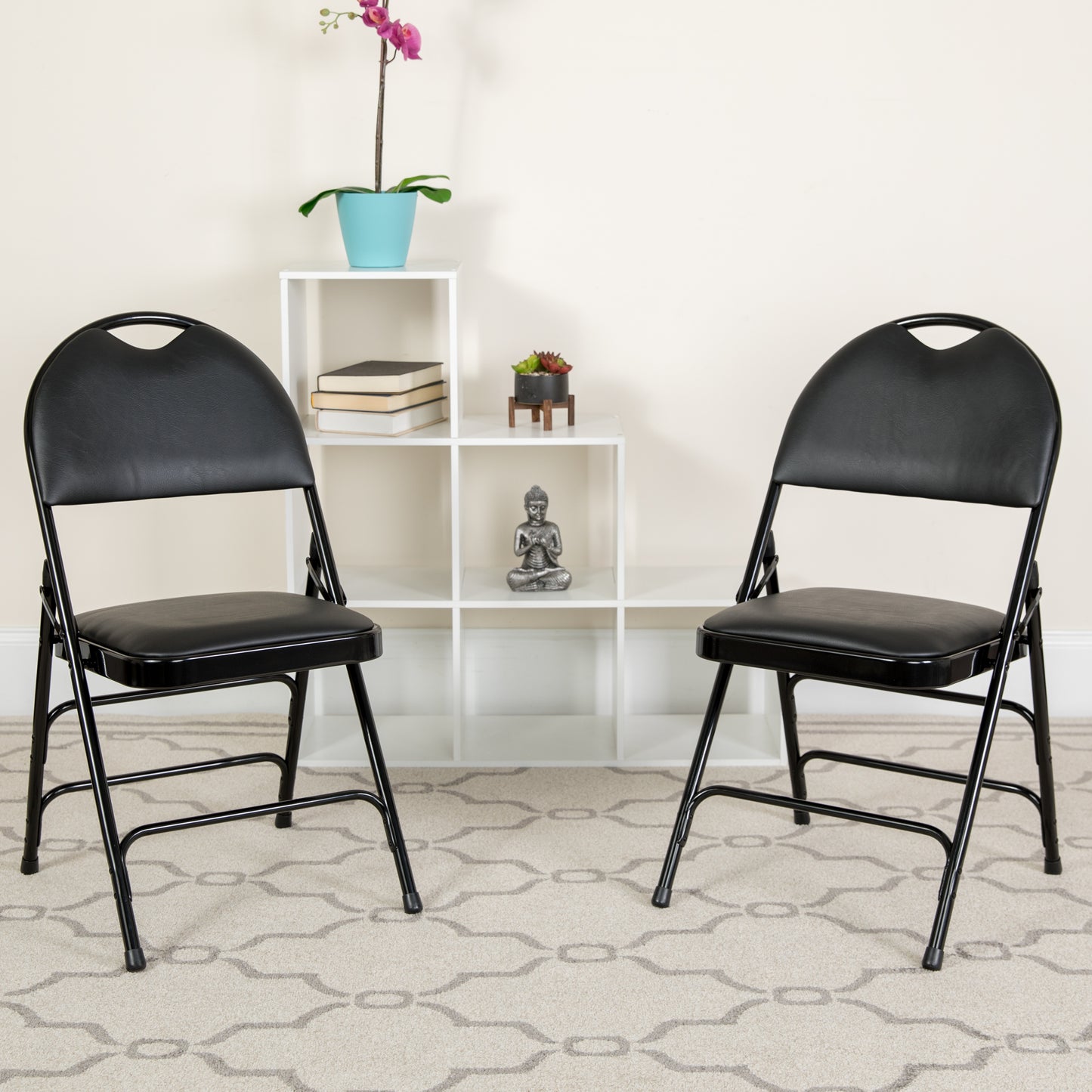 2 Pack HERCULES Series Ultra-Premium Triple Braced Black Vinyl Metal Folding Chair with Easy-Carry Handle Black Vinyl/Black Frame