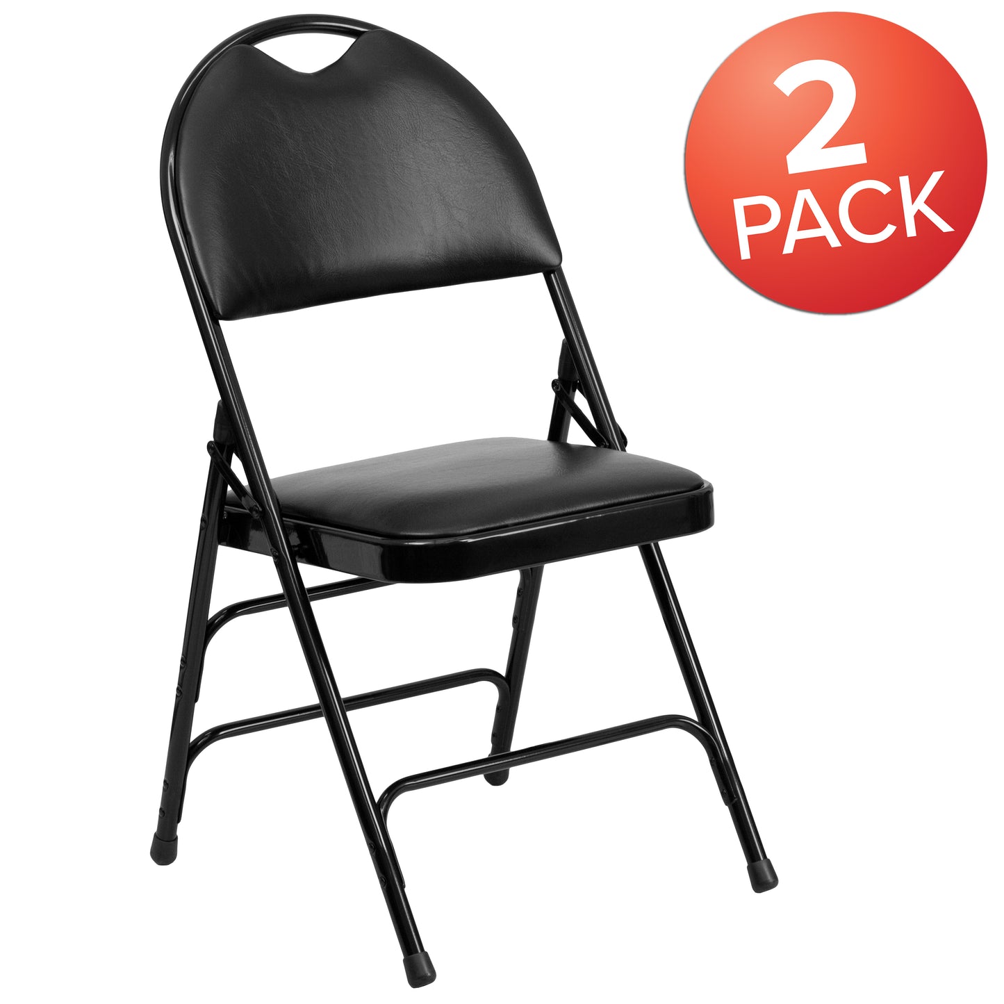 2 Pack HERCULES Series Ultra-Premium Triple Braced Black Vinyl Metal Folding Chair with Easy-Carry Handle Black Vinyl/Black Frame