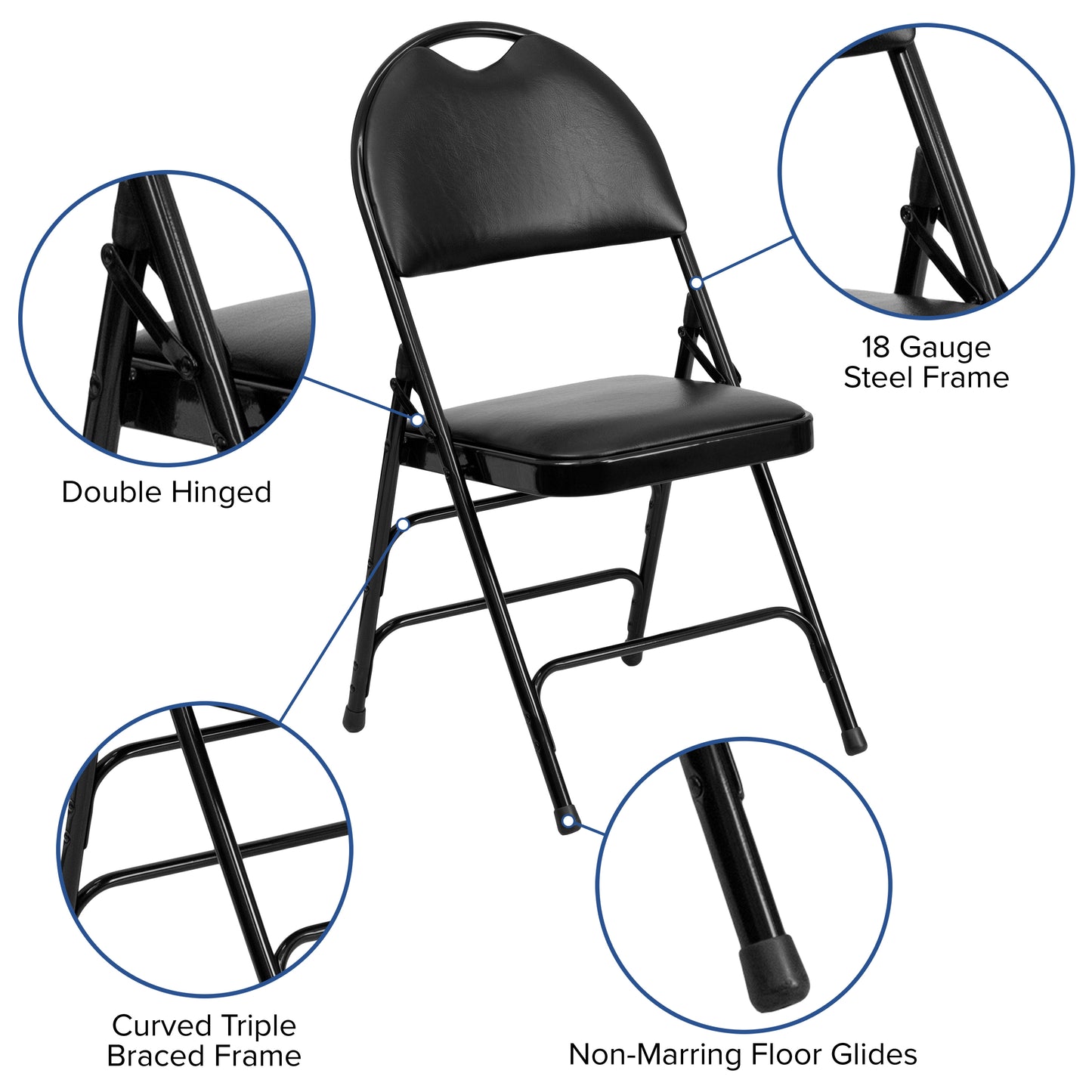 2 Pack HERCULES Series Ultra-Premium Triple Braced Black Vinyl Metal Folding Chair with Easy-Carry Handle Black Vinyl/Black Frame