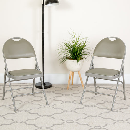 2 Pack HERCULES Series Ultra-Premium Triple Braced Gray Vinyl Metal Folding Chair with Easy-Carry Handle Gray Vinyl/Gray Frame 2-HA-MC705AV-3-GY-GG