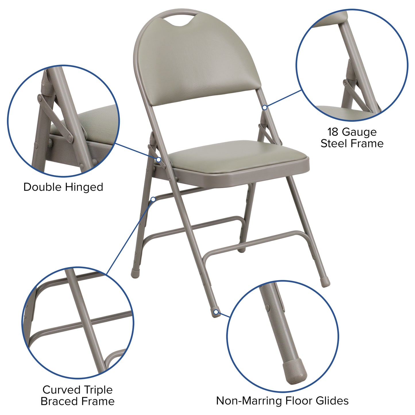 2 Pack HERCULES Series Ultra-Premium Triple Braced Gray Vinyl Metal Folding Chair with Easy-Carry Handle Gray Vinyl/Gray Frame