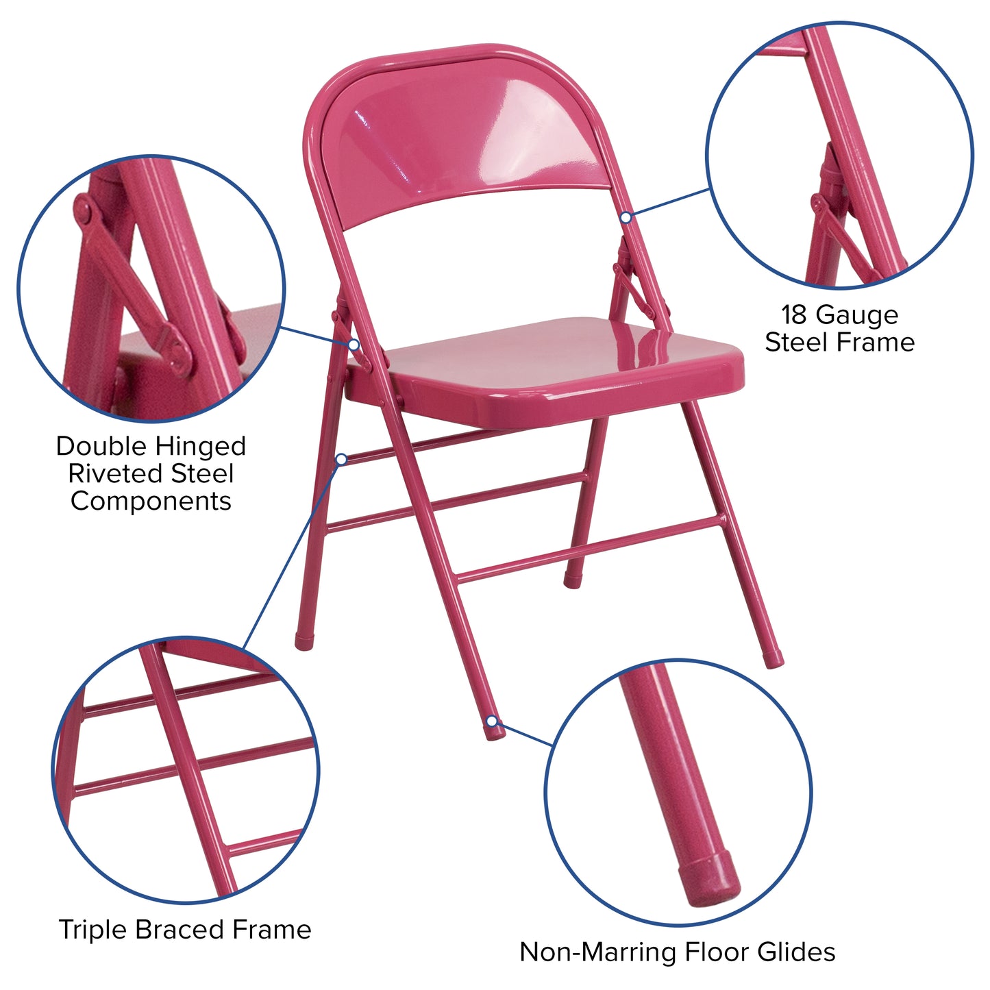2 Pack HERCULES COLORBURST Series Shockingly Fuchsia Triple Braced & Double Hinged Metal Folding Chair Shockingly Fuchsia 2-HF3-FUCHSIA-GG