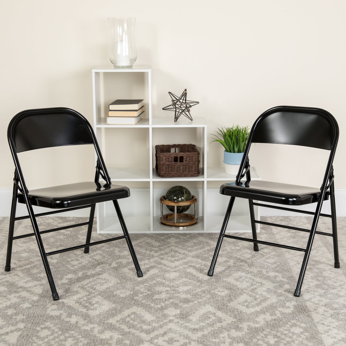 2 Pack HERCULES Series Triple Braced & Double Hinged Black Metal Folding Chair Black 2-HF3-MC-309AS-BK-GG