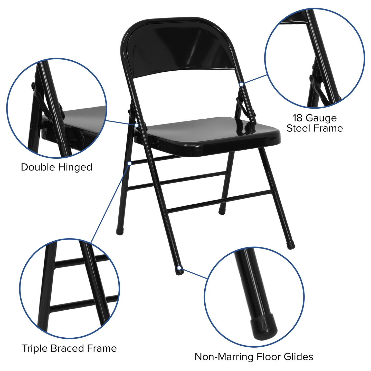 2 Pack HERCULES Series Triple Braced & Double Hinged Black Metal Folding Chair Black 2-HF3-MC-309AS-BK-GG