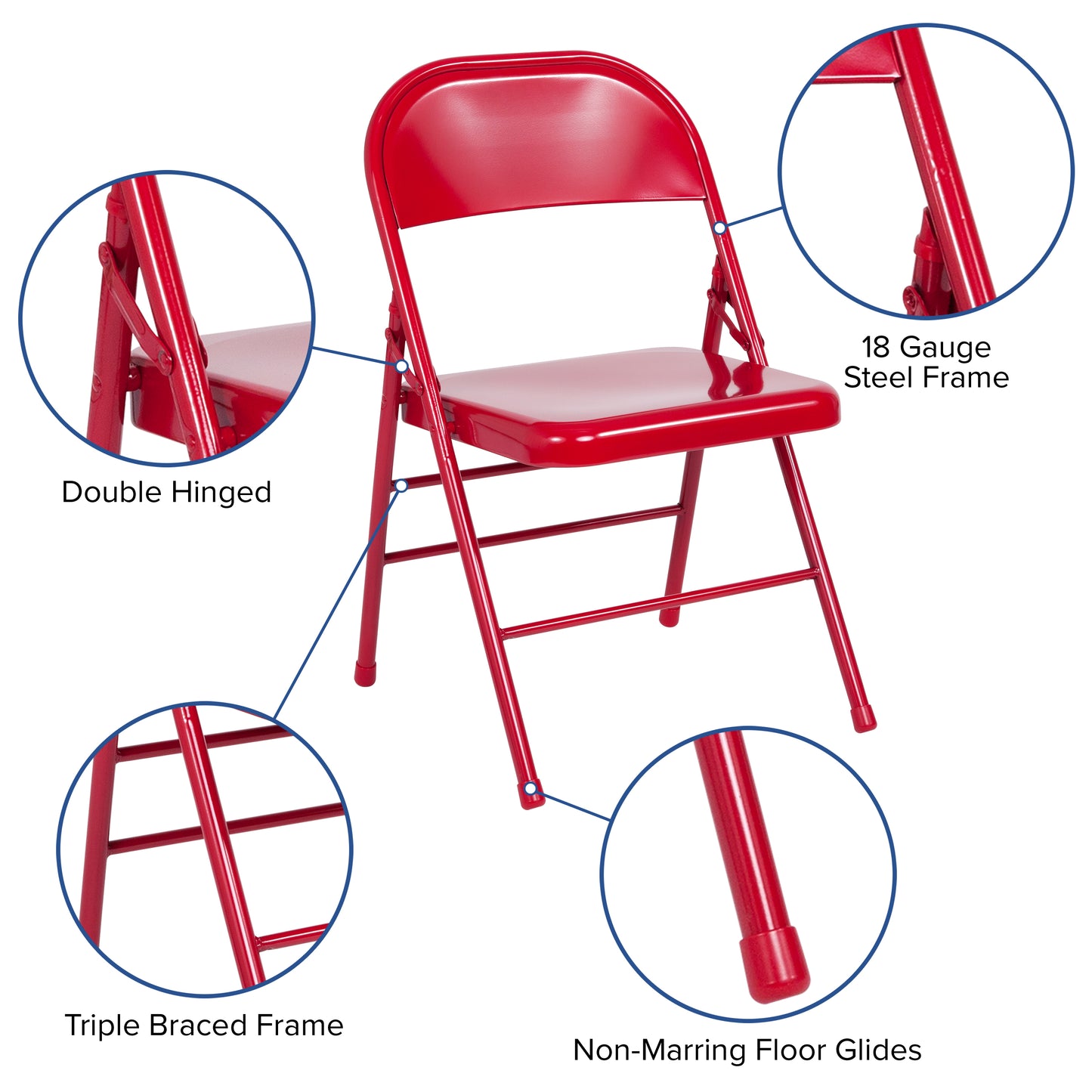 2 Pack HERCULES Series Triple Braced & Double Hinged Red Metal Folding Chair Red