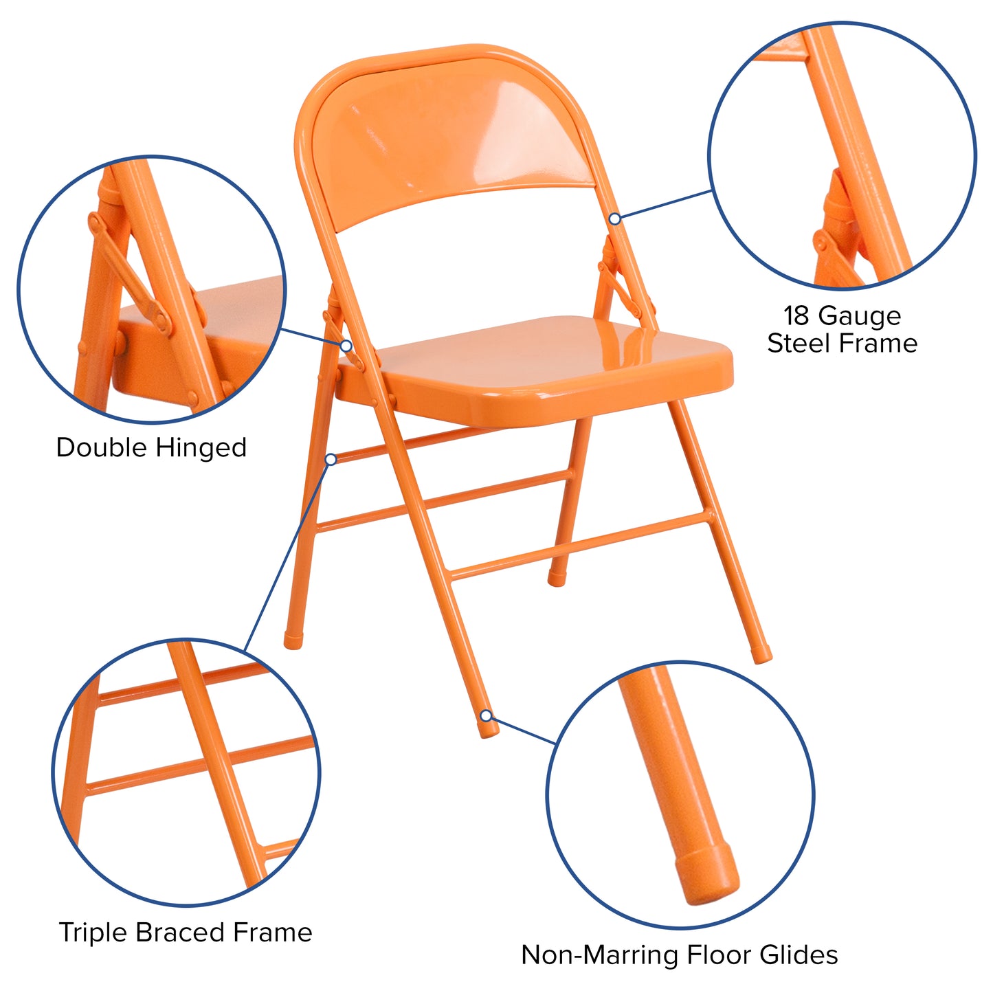 2 Pack HERCULES COLORBURST Series Orange Marmalade Triple Braced & Double Hinged Metal Folding Chair Orange Marmalade 2-HF3-ORANGE-GG
