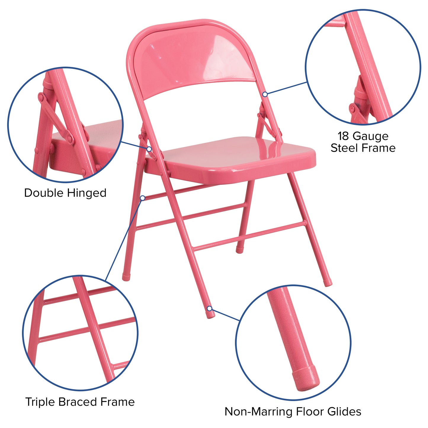 2 Pack HERCULES COLORBURST Series Bubblegum Pink Triple Braced & Double Hinged Metal Folding Chair Bubblegum Pink 2-HF3-PINK-GG