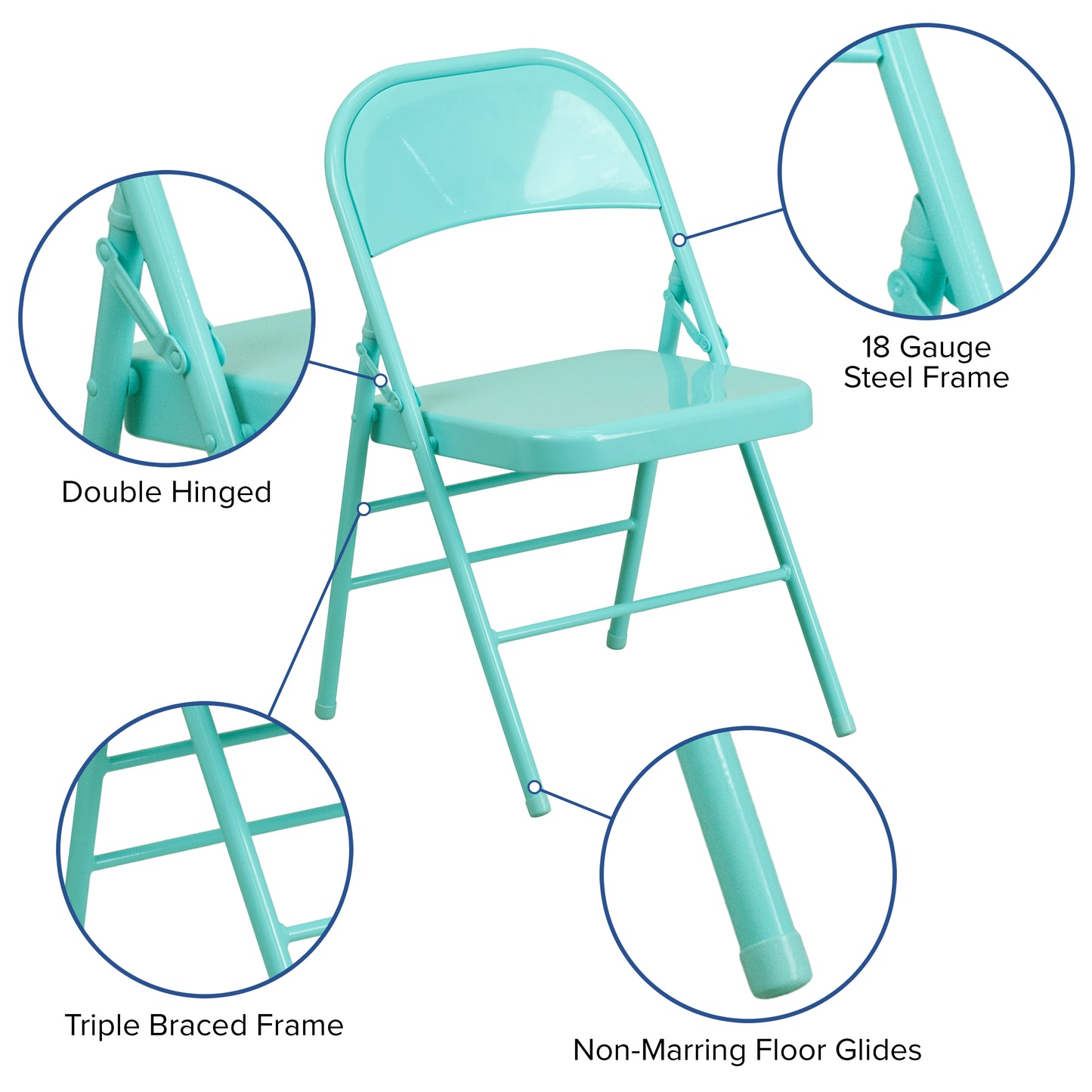 2 Pack HERCULES COLORBURST Series Tantalizing Teal Triple Braced & Double Hinged Metal Folding Chair Tantalizing Teal 2-HF3-TEAL-GG