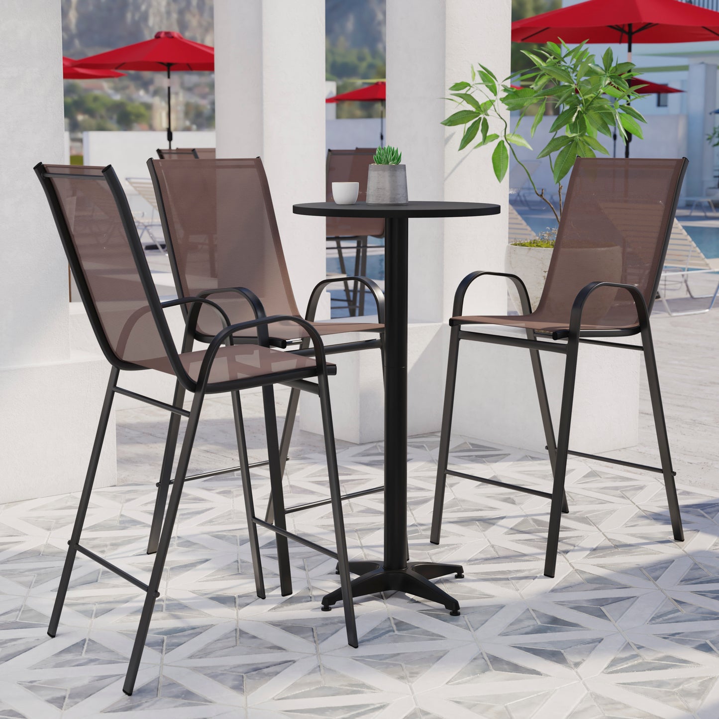 2 Pack Brazos Series Brown Outdoor Barstool with Flex Comfort Material and Metal Frame Brown 2-JJ-092H-B-GG