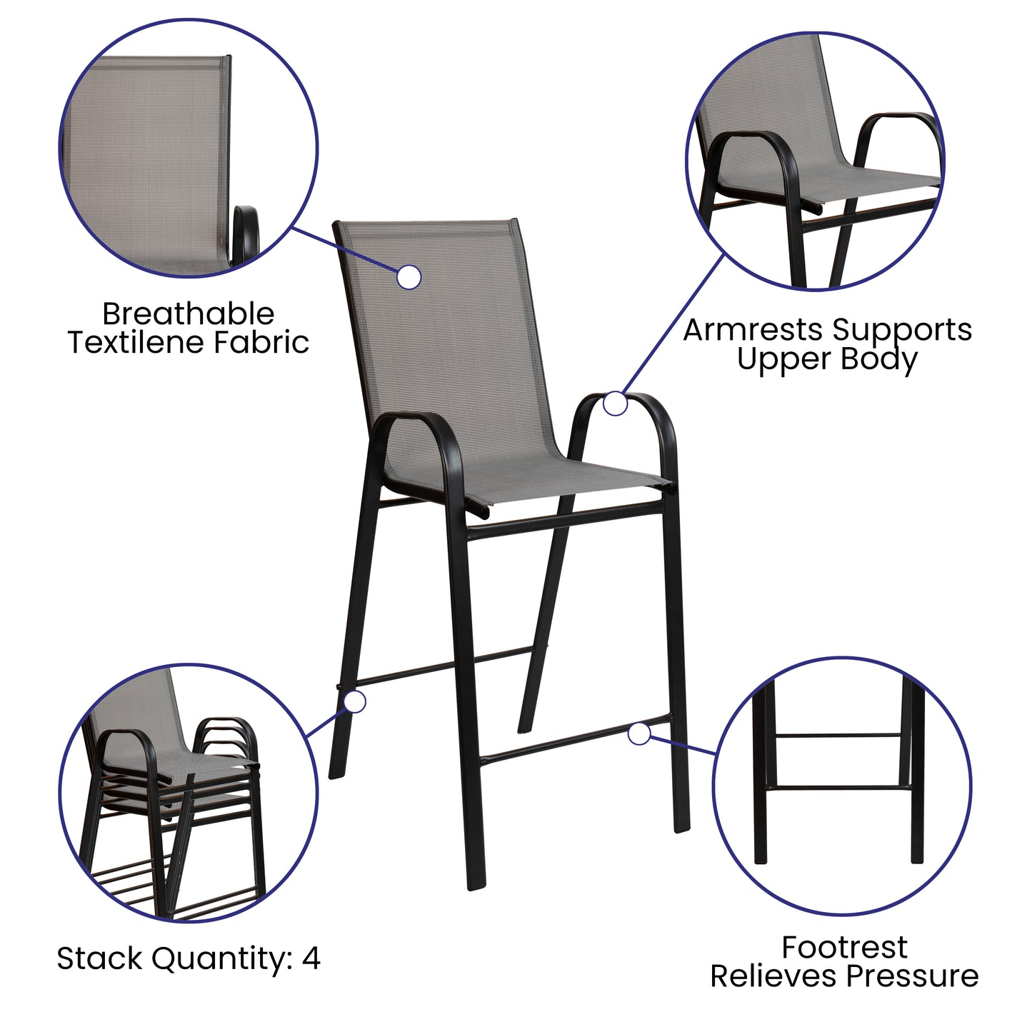 2 Pack Brazos Series Gray Outdoor Barstools with Flex Comfort Material and Metal Frame Gray 2-JJ-092H-GR-GG