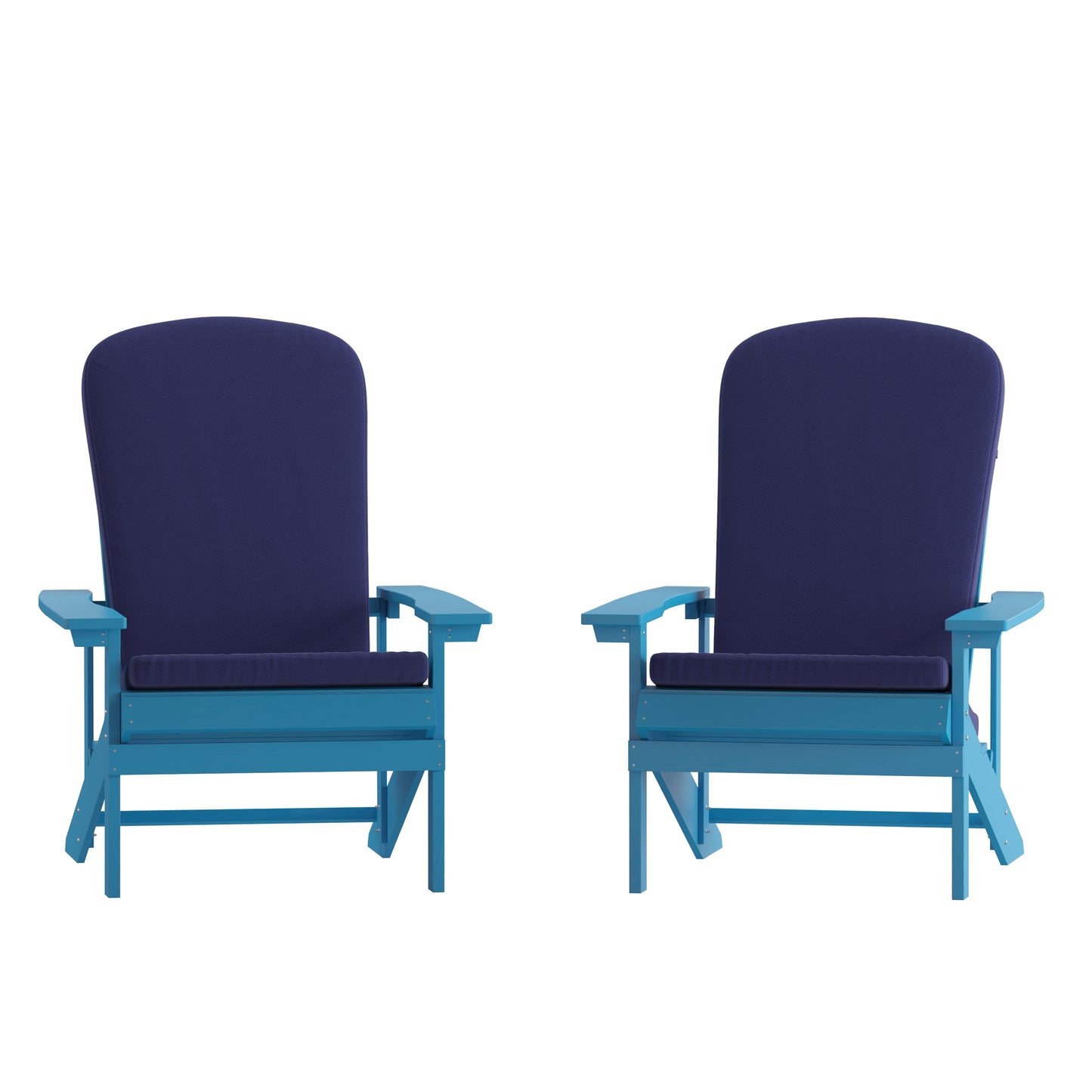 Charlestown Set of 2 All-Weather Poly Resin Wood Adirondack Chairs in Blue with Blue Cushions for Deck, Porch, and Patio Blue Cushions/Blue Frame 2-JJ-C14501-CSNBL-BLU-GG