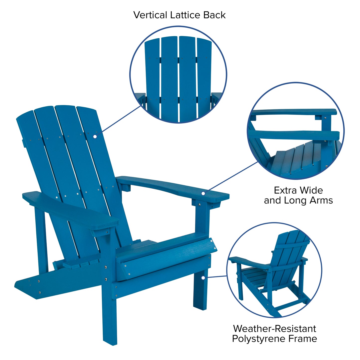 Charlestown Set of 2 All-Weather Poly Resin Wood Adirondack Chairs in Blue with Blue Cushions for Deck, Porch, and Patio Blue Cushions/Blue Frame 2-JJ-C14501-CSNBL-BLU-GG