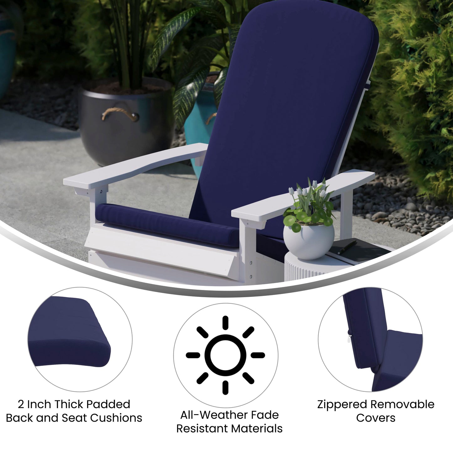 Charlestown Set of 2 All-Weather Poly Resin Wood Adirondack Chairs in Blue with Blue Cushions for Deck, Porch, and Patio Blue Cushions/Blue Frame 2-JJ-C14501-CSNBL-BLU-GG