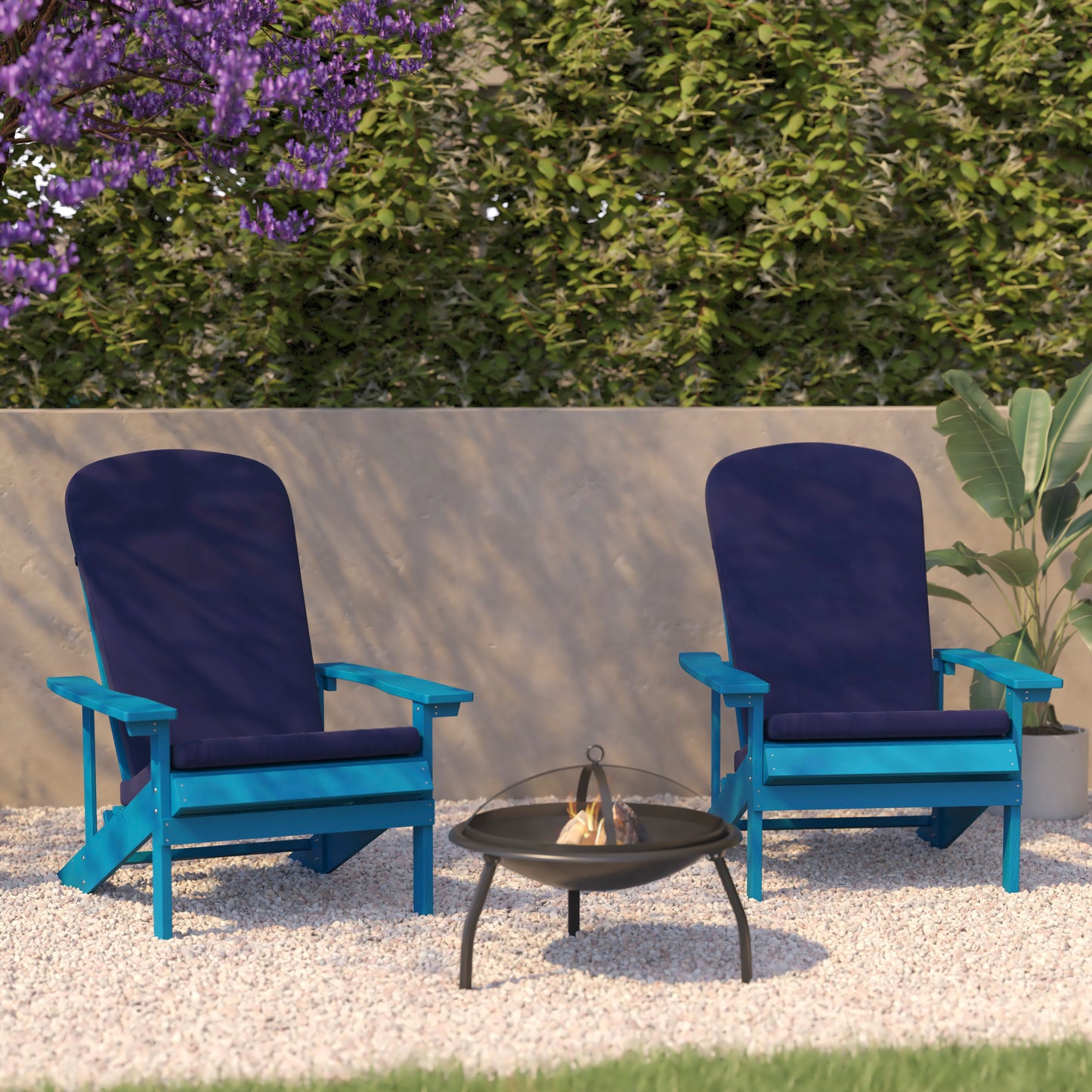 Charlestown Set of 2 All-Weather Poly Resin Wood Adirondack Chairs in Blue with Blue Cushions for Deck, Porch, and Patio Blue Cushions/Blue Frame 2-JJ-C14501-CSNBL-BLU-GG