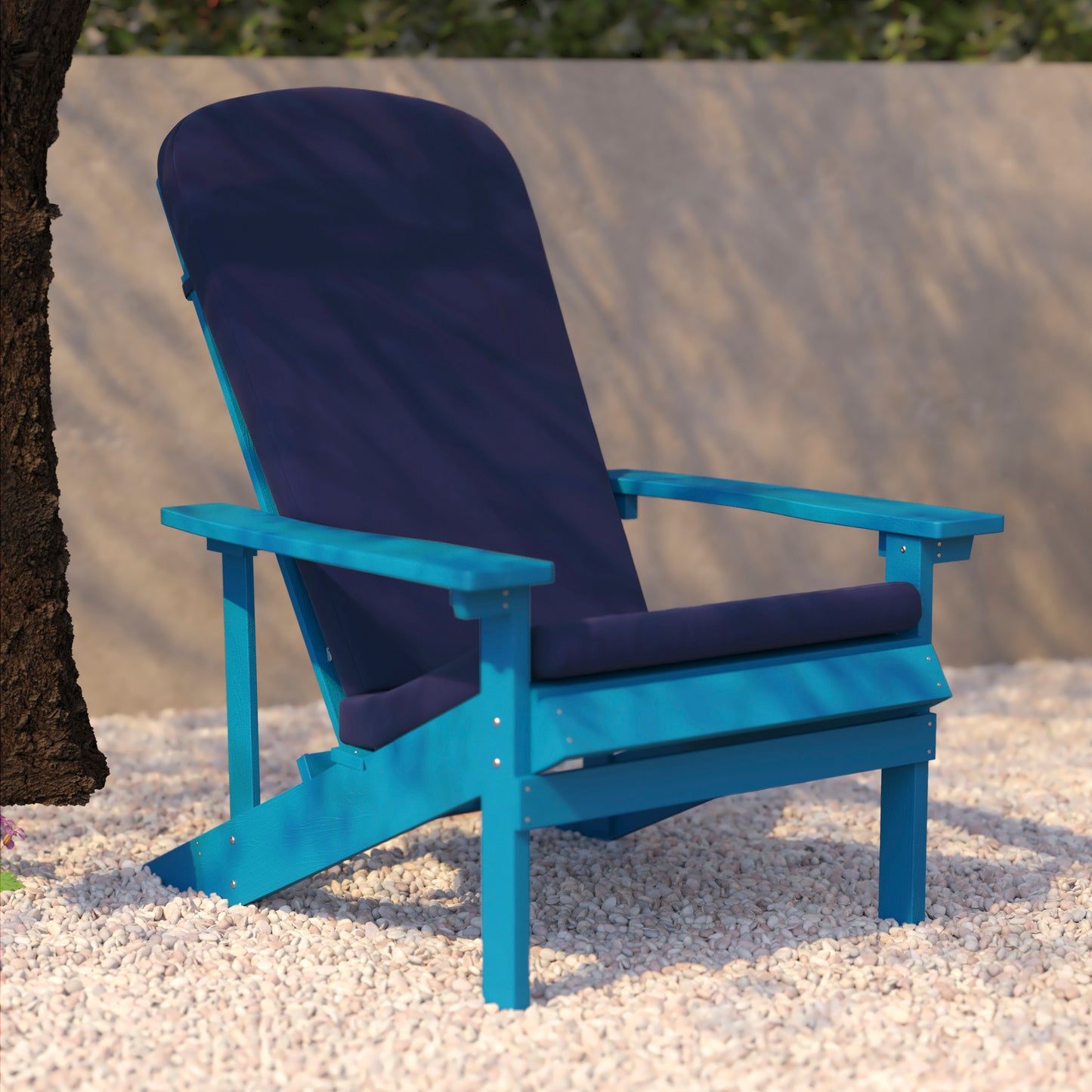 Charlestown Set of 2 All-Weather Poly Resin Wood Adirondack Chairs in Blue with Blue Cushions for Deck, Porch, and Patio Blue Cushions/Blue Frame 2-JJ-C14501-CSNBL-BLU-GG