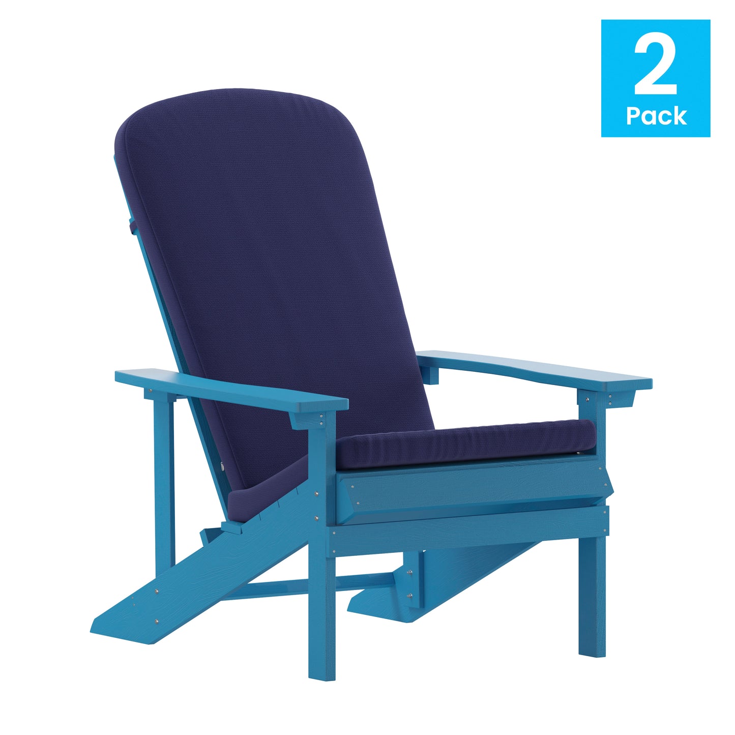 Charlestown Set of 2 All-Weather Poly Resin Wood Adirondack Chairs in Blue with Blue Cushions for Deck, Porch, and Patio Blue Cushions/Blue Frame 2-JJ-C14501-CSNBL-BLU-GG