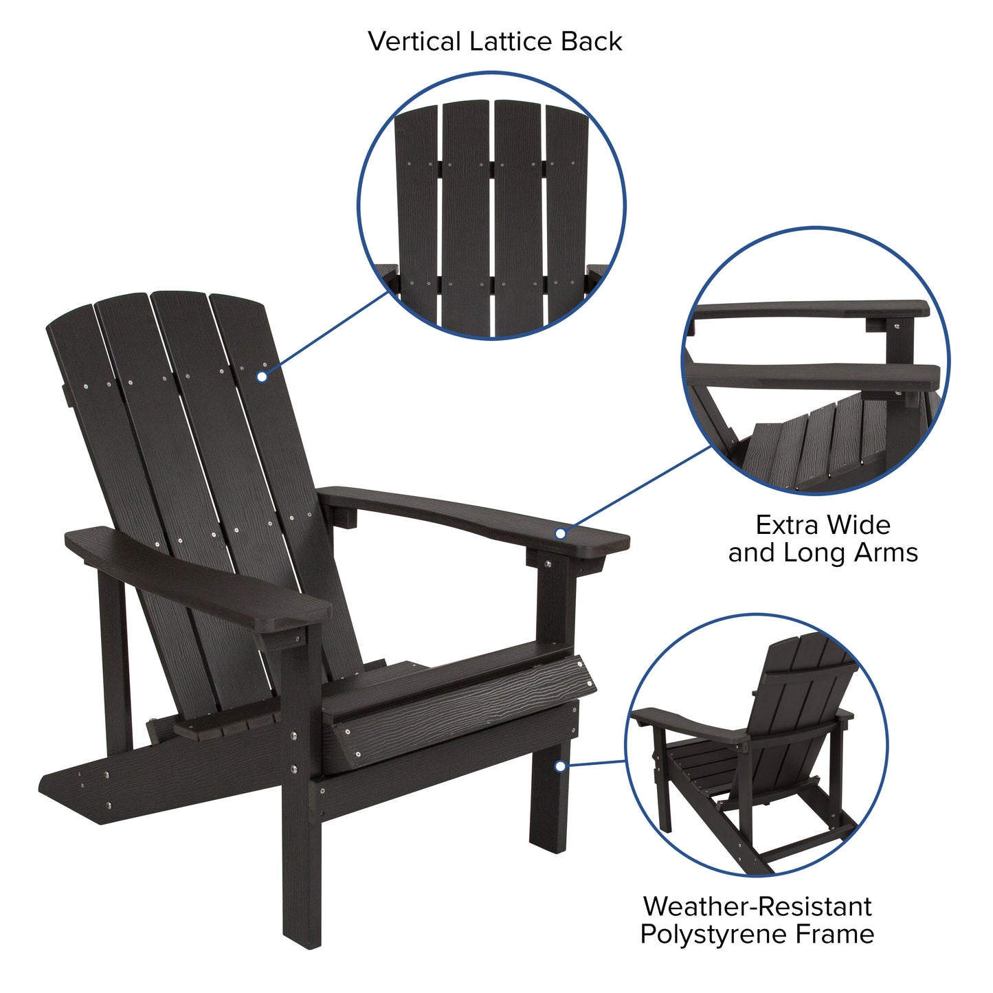 Charlestown Set of 2 All-Weather Poly Resin Wood Adirondack Chairs in Slate Gray with Blue Cushions for Deck, Porch, and Patio Blue Cushions/Slate Gray Frame