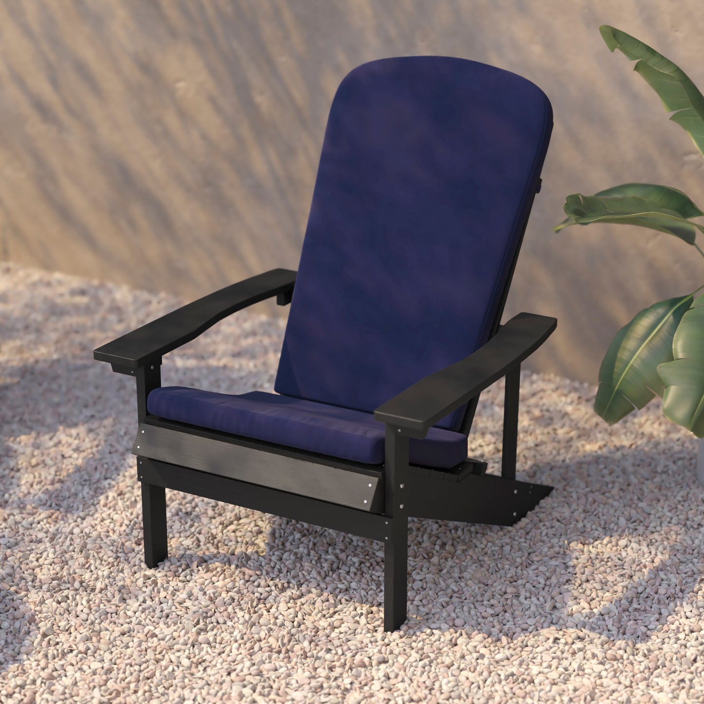 Charlestown Set of 2 All-Weather Poly Resin Wood Adirondack Chairs in Slate Gray with Blue Cushions for Deck, Porch, and Patio Blue Cushions/Slate Gray Frame