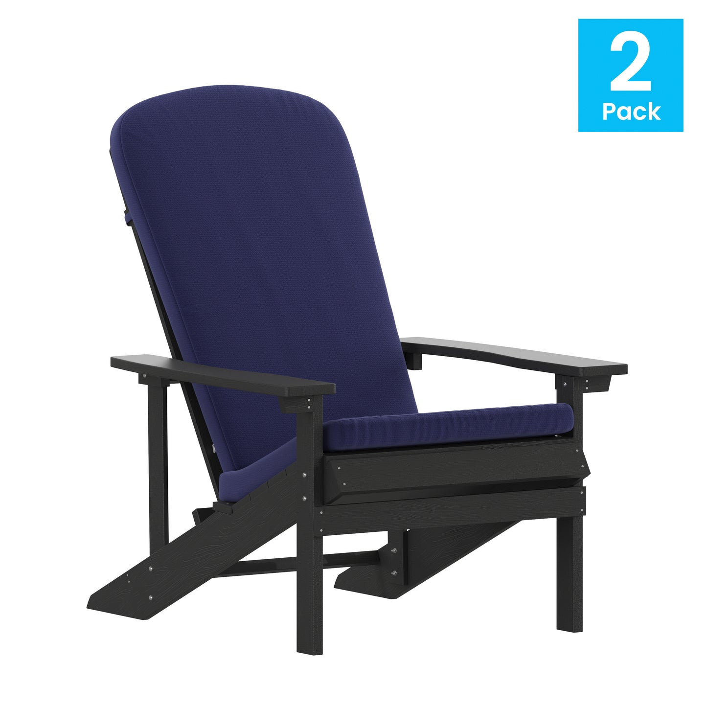 Charlestown Set of 2 All-Weather Poly Resin Wood Adirondack Chairs in Slate Gray with Blue Cushions for Deck, Porch, and Patio Blue Cushions/Slate Gray Frame