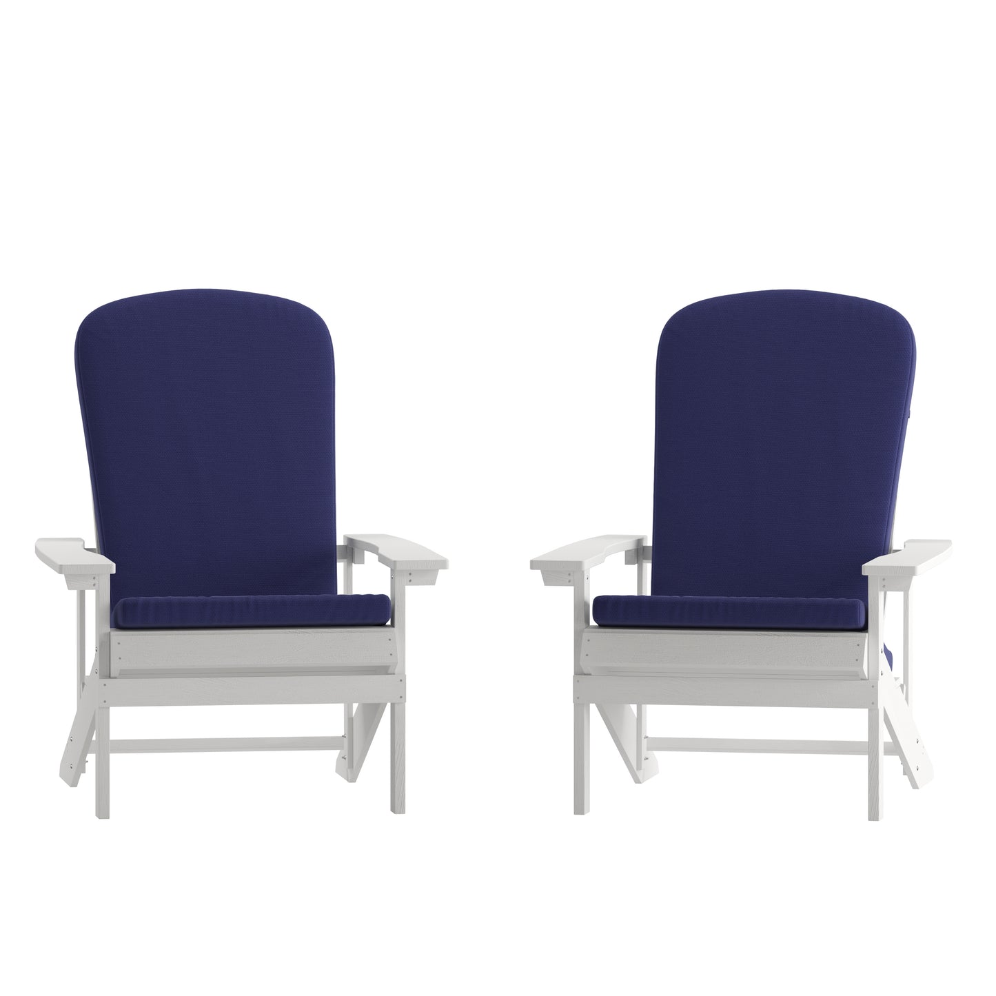 Charlestown Set of 2 All-Weather Poly Resin Wood Adirondack Chairs in White with Blue Cushions for Deck, Porch, and Patio Blue Cushions/White Frame
