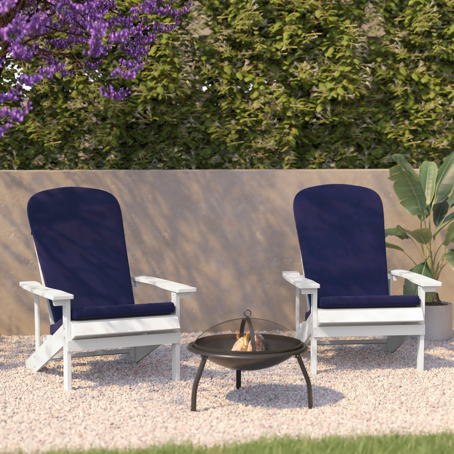 Charlestown Set of 2 All-Weather Poly Resin Wood Adirondack Chairs in White with Blue Cushions for Deck, Porch, and Patio Blue Cushions/White Frame