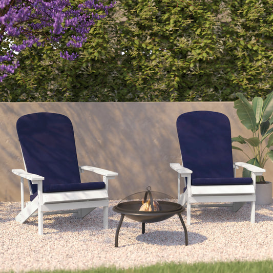 Charlestown Set of 2 All-Weather Poly Resin Wood Adirondack Chairs in White with Blue Cushions for Deck, Porch, and Patio Blue Cushions/White Frame