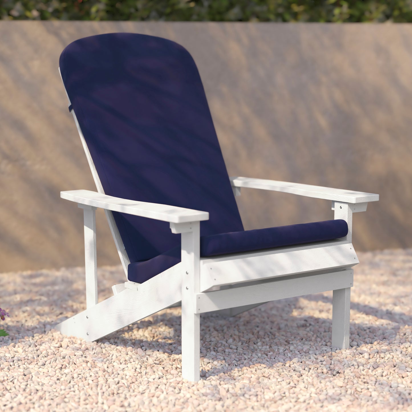 Charlestown Set of 2 All-Weather Poly Resin Wood Adirondack Chairs in White with Blue Cushions for Deck, Porch, and Patio Blue Cushions/White Frame