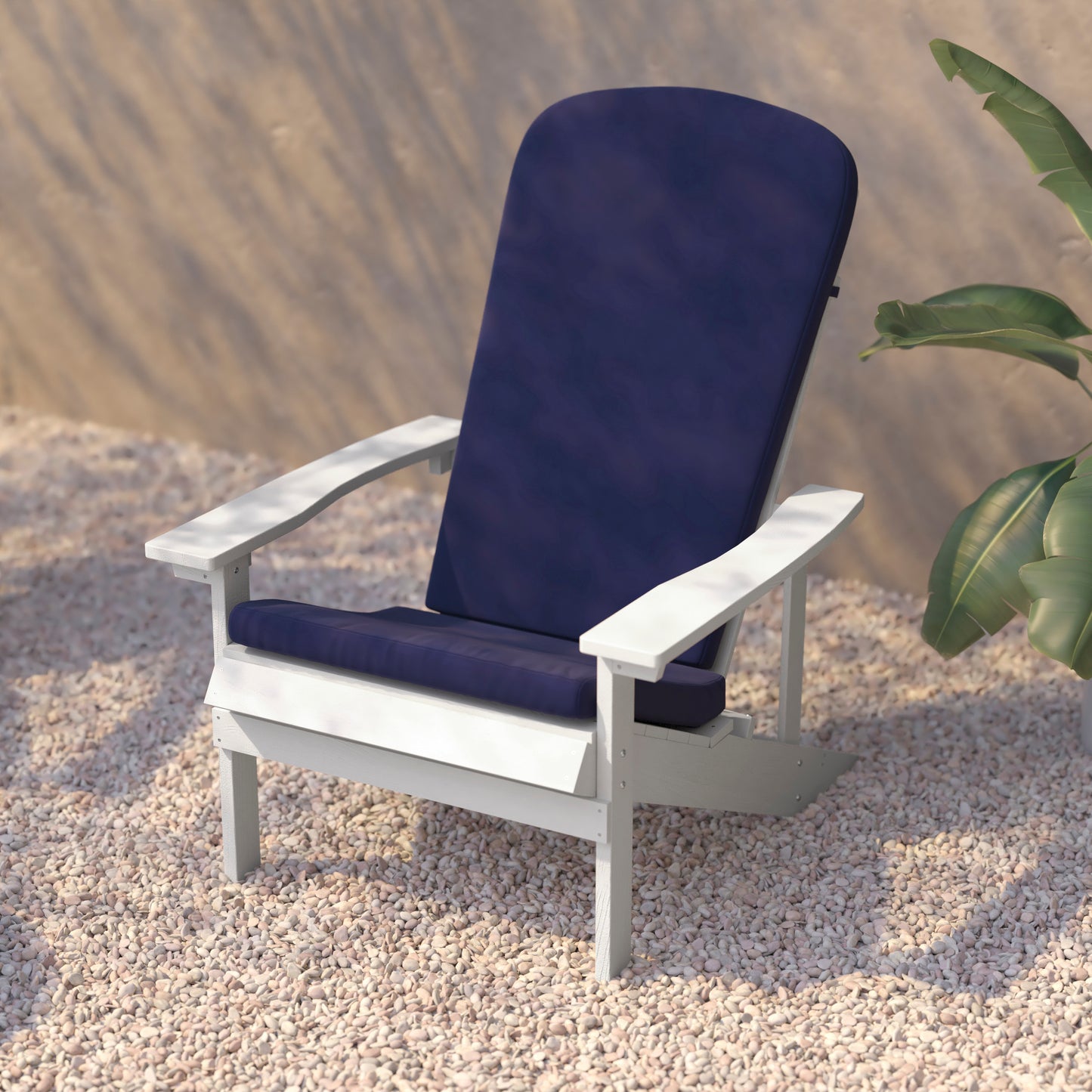 Charlestown Set of 2 All-Weather Poly Resin Wood Adirondack Chairs in White with Blue Cushions for Deck, Porch, and Patio Blue Cushions/White Frame