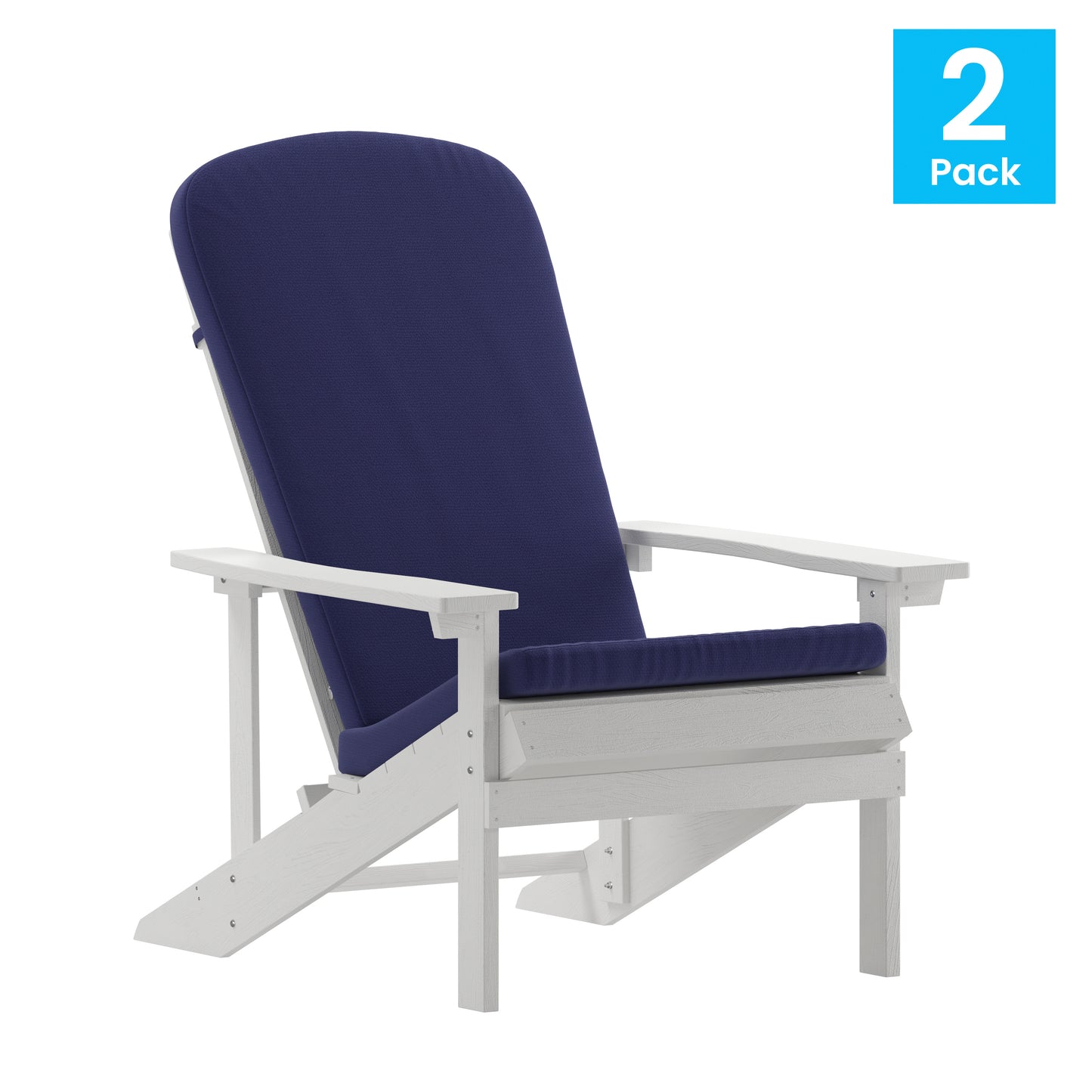Charlestown Set of 2 All-Weather Poly Resin Wood Adirondack Chairs in White with Blue Cushions for Deck, Porch, and Patio Blue Cushions/White Frame