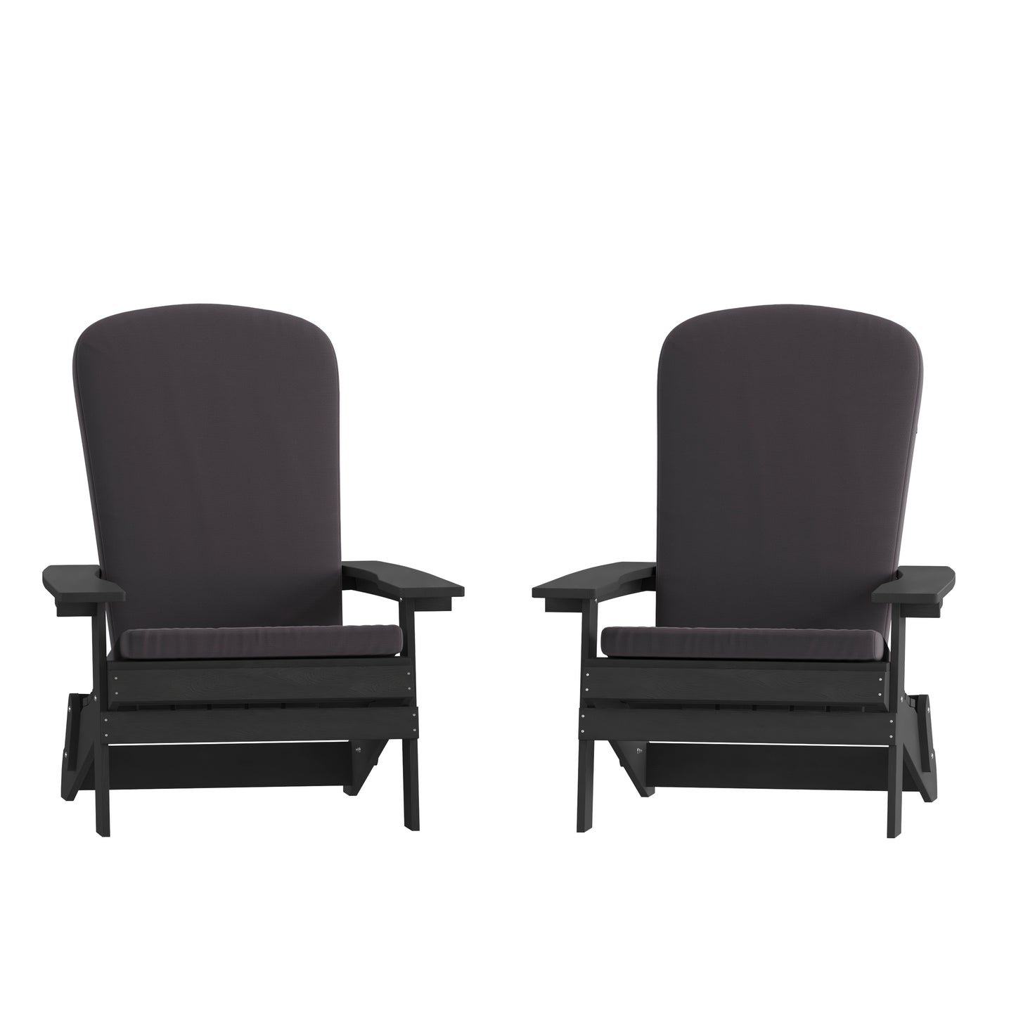 Charlestown Set of 2 All-Weather Poly Resin Indoor/Outdoor Folding Adirondack Chairs in Black with Gray Cushions for Deck, Porch, and Patio Gray Cushions/Black Frame 2-JJ-C14505-CSNGY-BLK-GG