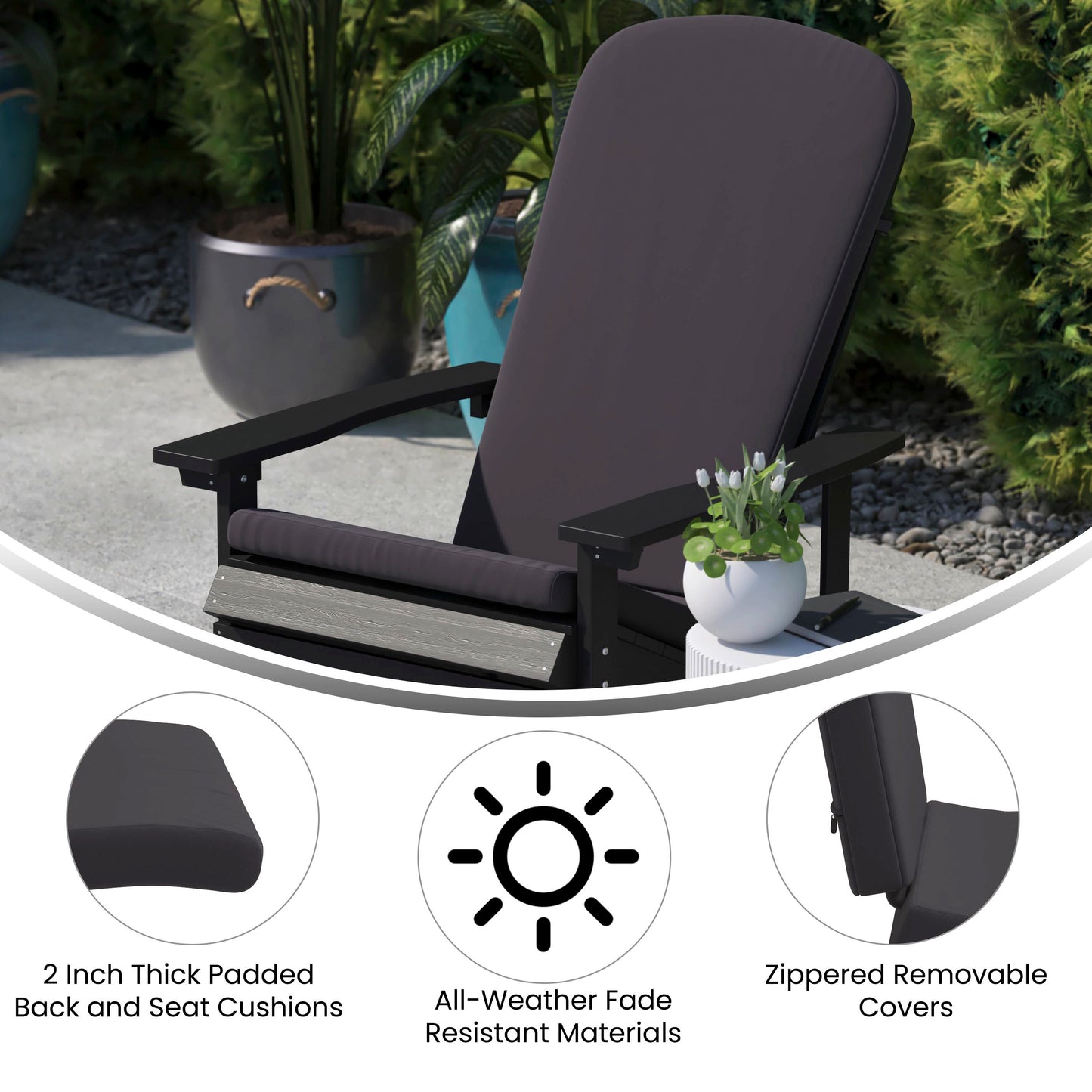 Charlestown Set of 2 All-Weather Poly Resin Indoor/Outdoor Folding Adirondack Chairs in Black with Gray Cushions for Deck, Porch, and Patio Gray Cushions/Black Frame 2-JJ-C14505-CSNGY-BLK-GG