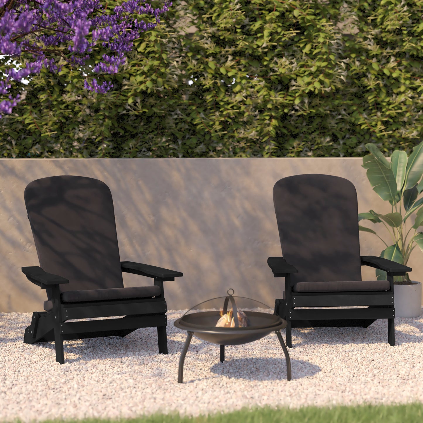Charlestown Set of 2 All-Weather Poly Resin Indoor/Outdoor Folding Adirondack Chairs in Black with Gray Cushions for Deck, Porch, and Patio Gray Cushions/Black Frame 2-JJ-C14505-CSNGY-BLK-GG