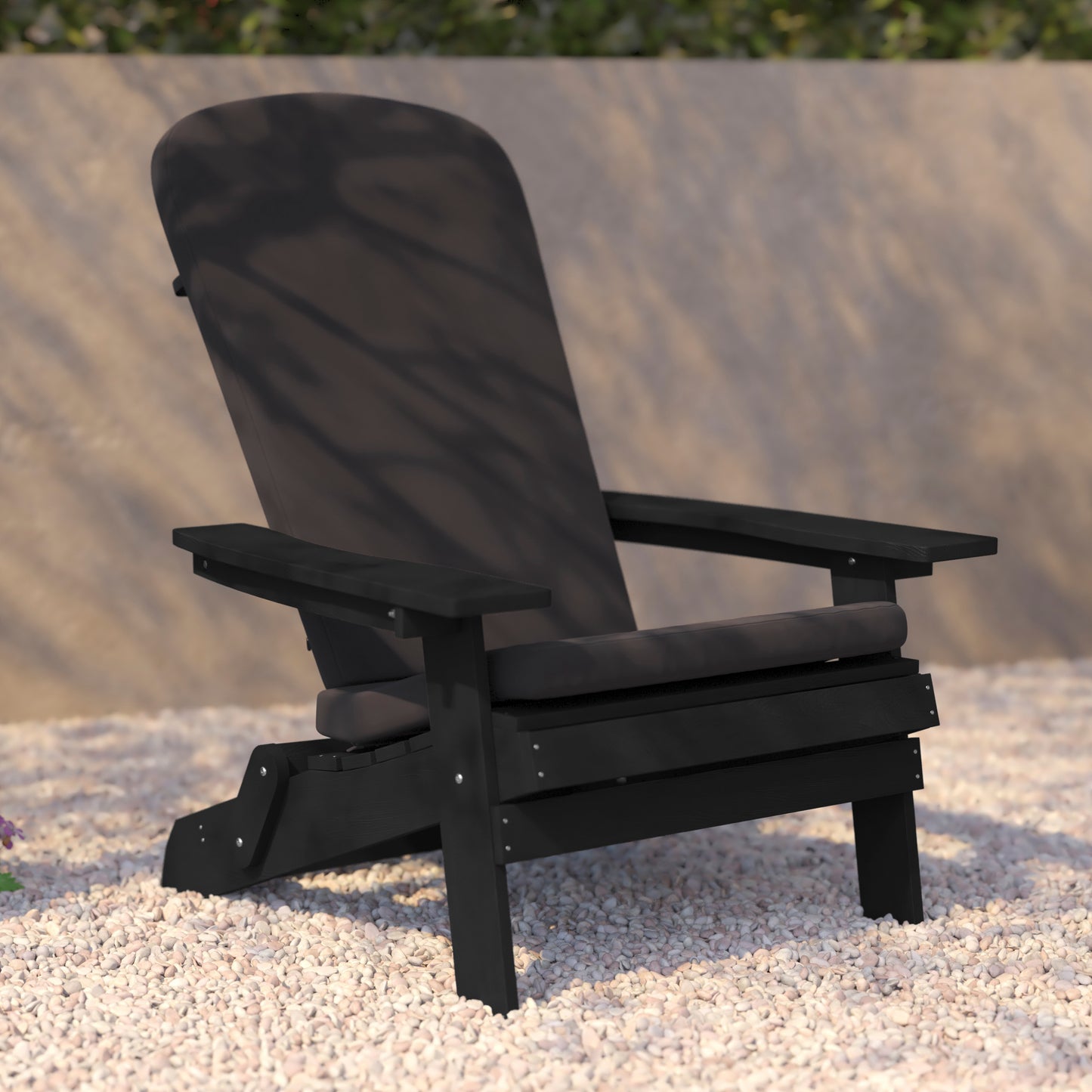 Charlestown Set of 2 All-Weather Poly Resin Indoor/Outdoor Folding Adirondack Chairs in Black with Gray Cushions for Deck, Porch, and Patio Gray Cushions/Black Frame 2-JJ-C14505-CSNGY-BLK-GG