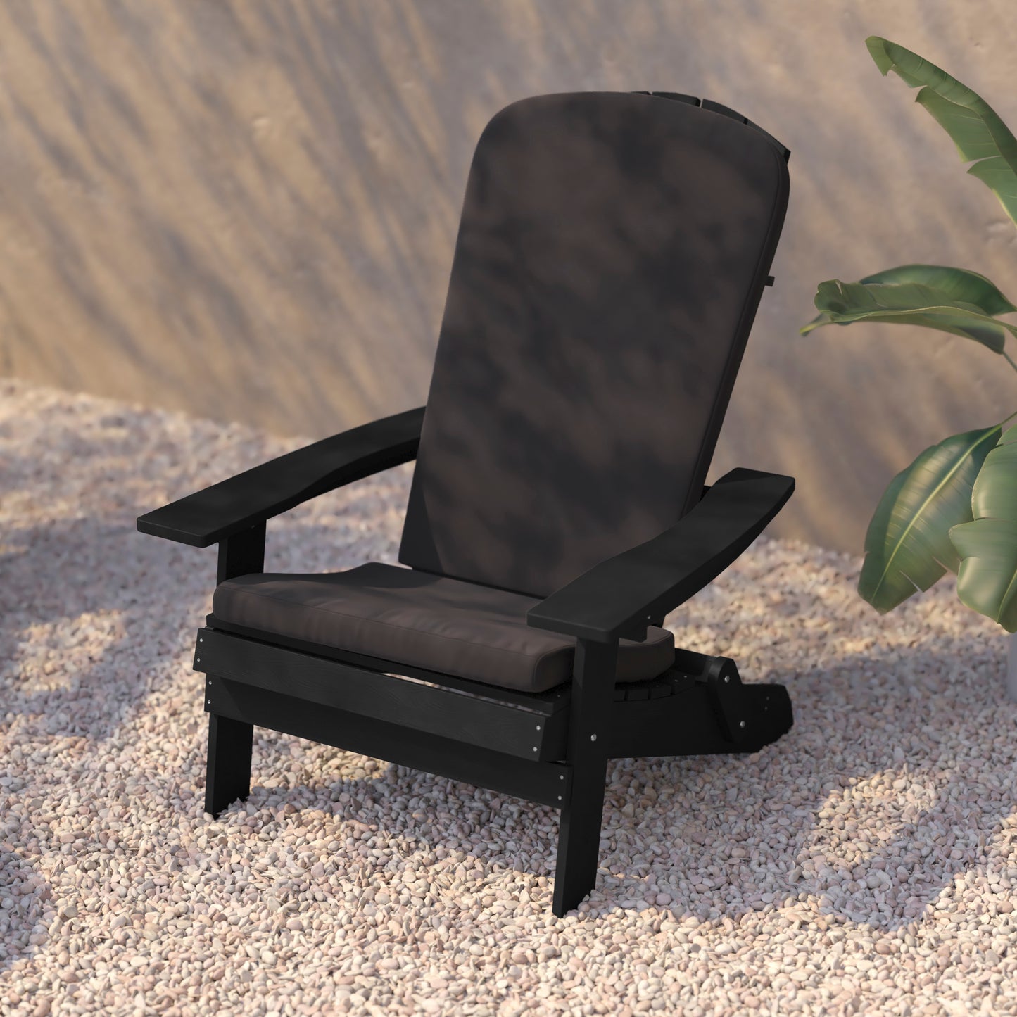 Charlestown Set of 2 All-Weather Poly Resin Indoor/Outdoor Folding Adirondack Chairs in Black with Gray Cushions for Deck, Porch, and Patio Gray Cushions/Black Frame 2-JJ-C14505-CSNGY-BLK-GG