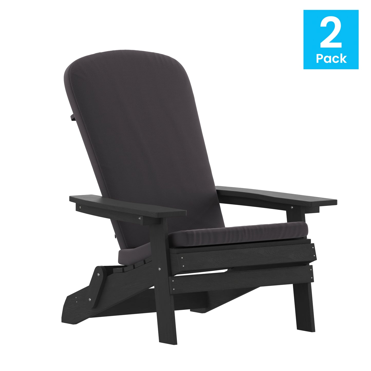 Charlestown Set of 2 All-Weather Poly Resin Indoor/Outdoor Folding Adirondack Chairs in Black with Gray Cushions for Deck, Porch, and Patio Gray Cushions/Black Frame 2-JJ-C14505-CSNGY-BLK-GG