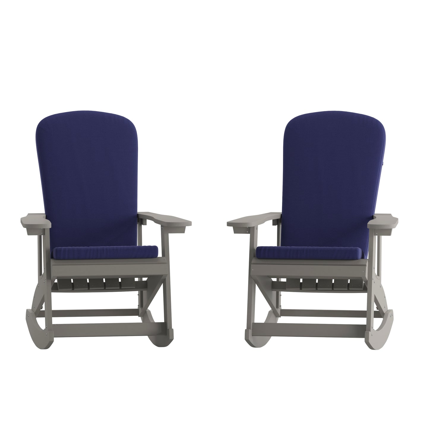Savannah Set of 2 All-Weather Poly Resin Wood Adirondack Rocking Chairs in Gray with Blue Cushions for Deck, Porch, and Patio Blue Cushions/Gray Frame