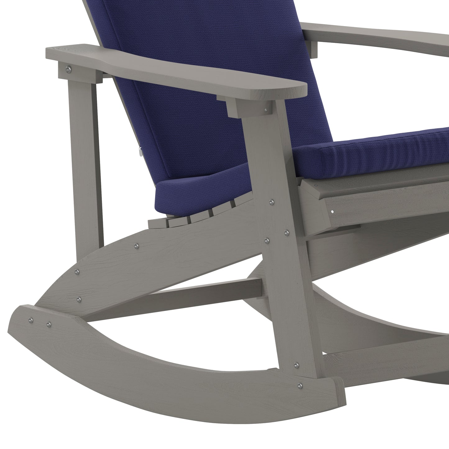 Savannah Set of 2 All-Weather Poly Resin Wood Adirondack Rocking Chairs in Gray with Blue Cushions for Deck, Porch, and Patio Blue Cushions/Gray Frame