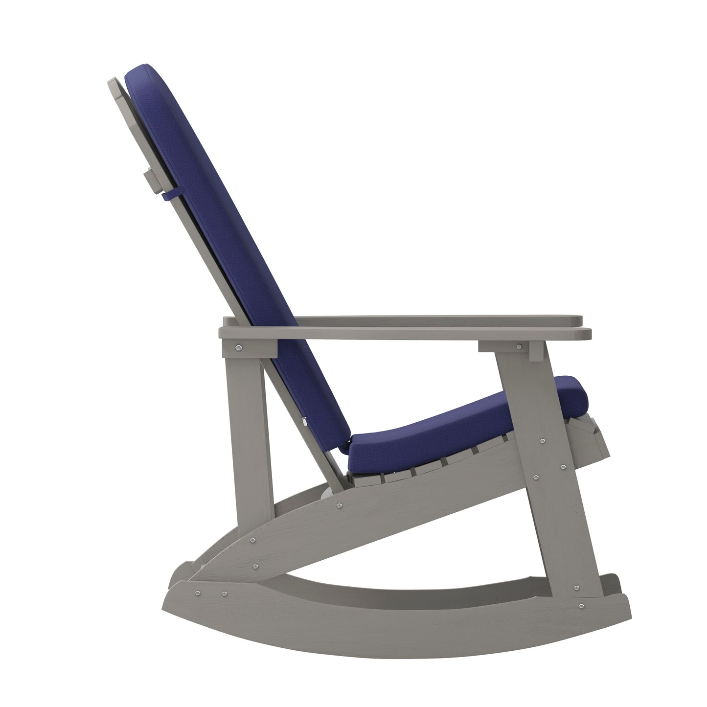 Savannah Set of 2 All-Weather Poly Resin Wood Adirondack Rocking Chairs in Gray with Blue Cushions for Deck, Porch, and Patio Blue Cushions/Gray Frame