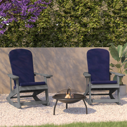 Savannah Set of 2 All-Weather Poly Resin Wood Adirondack Rocking Chairs in Gray with Blue Cushions for Deck, Porch, and Patio Blue Cushions/Gray Frame