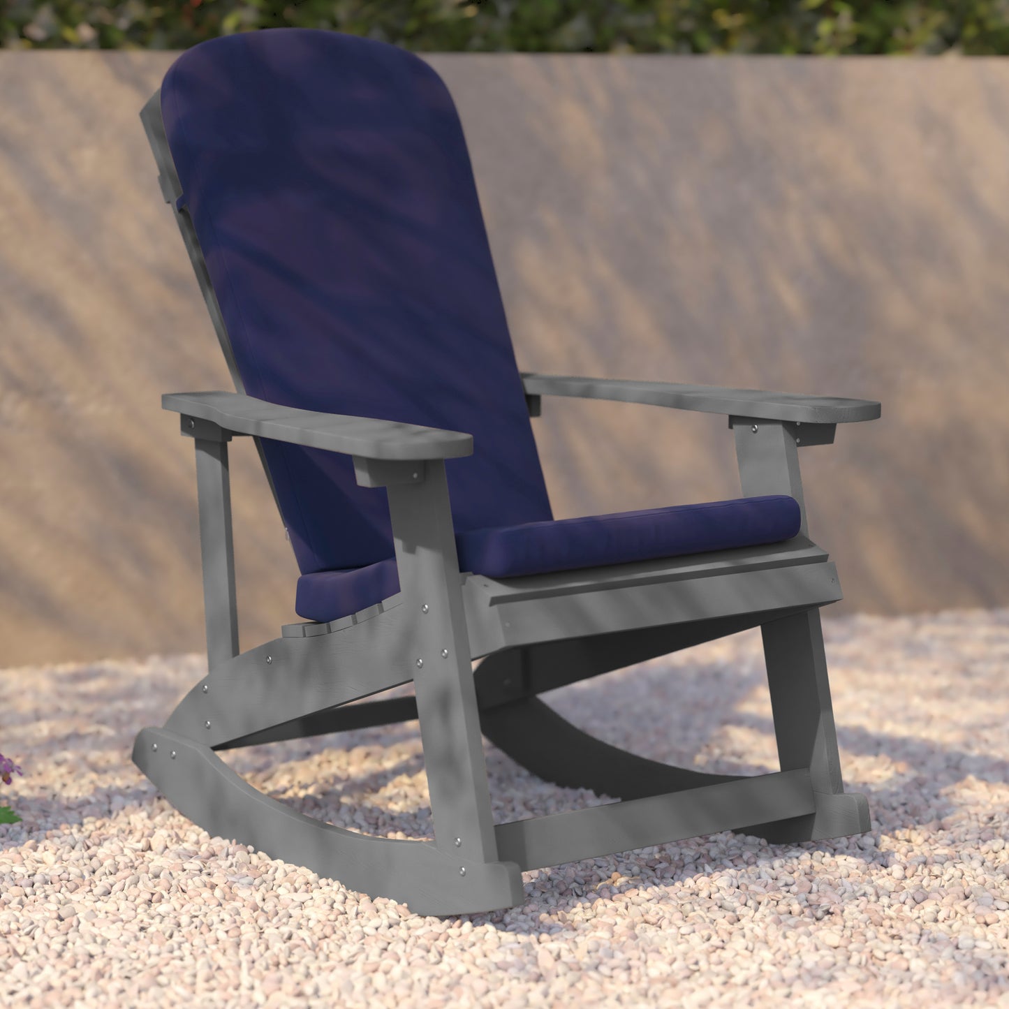 Savannah Set of 2 All-Weather Poly Resin Wood Adirondack Rocking Chairs in Gray with Blue Cushions for Deck, Porch, and Patio Blue Cushions/Gray Frame